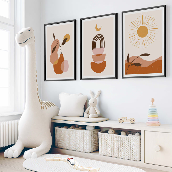Boho Nursery Wall Art – Minimalist Abstract Print Set (3 Pieces) - Black Framed Poster No Border - Artworksets