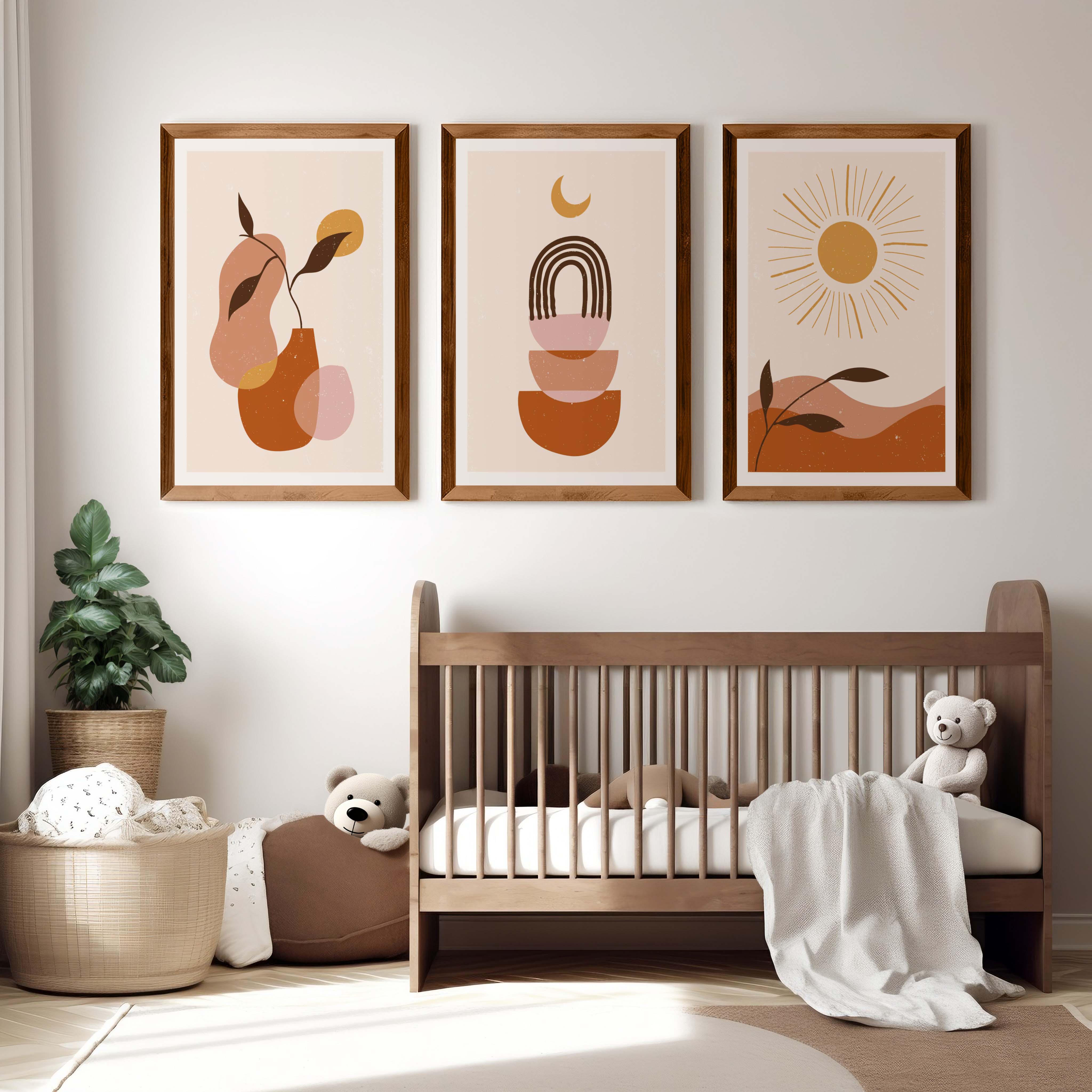Boho Nursery Wall Art – Minimalist Abstract Print Set (3 Pieces) - Dark Brown Framed Poster No Border - Artworksets