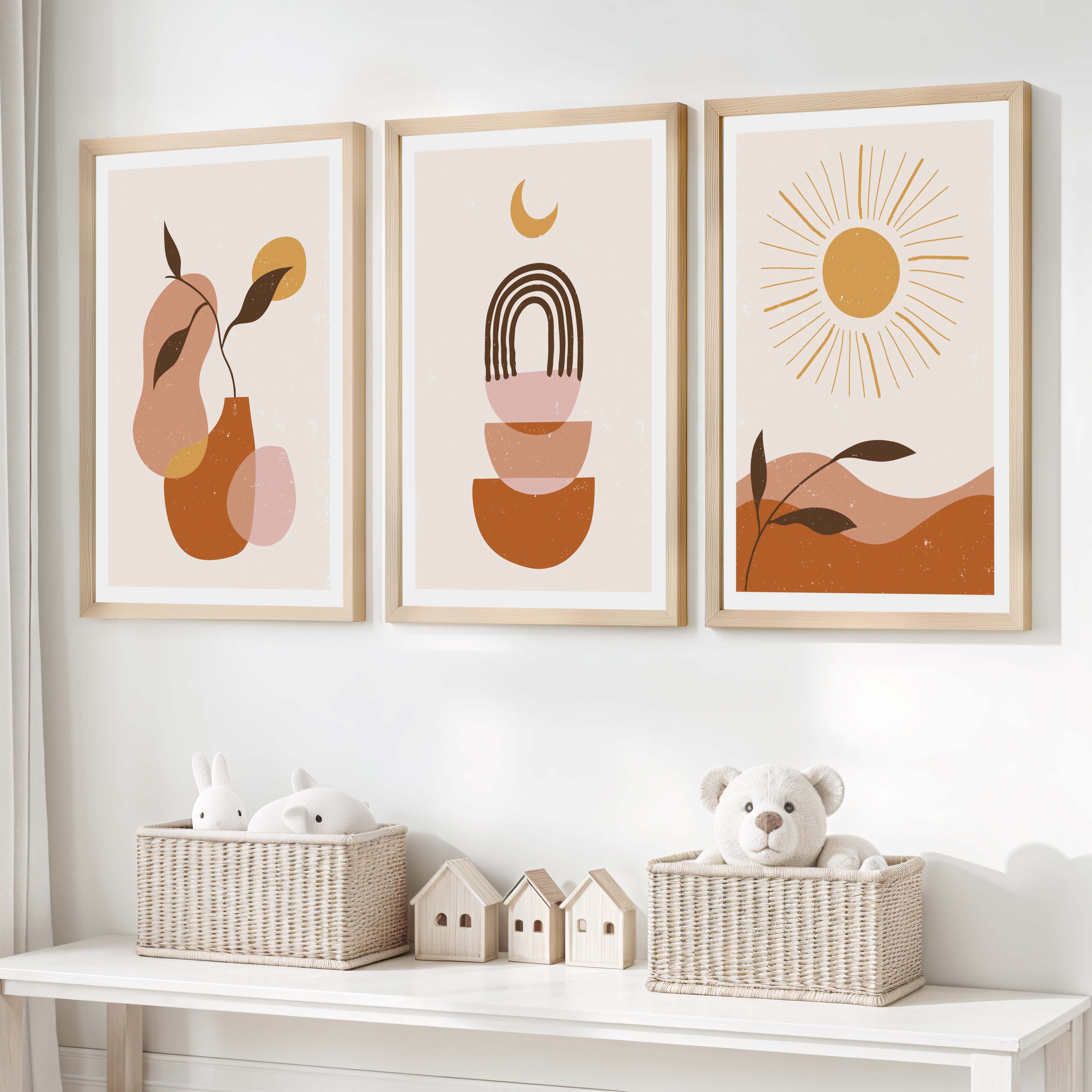 Boho Nursery Wall Art – Minimalist Abstract Print Set (3 Pieces) - Natural Wood Framed Poster No Border - Artworksets