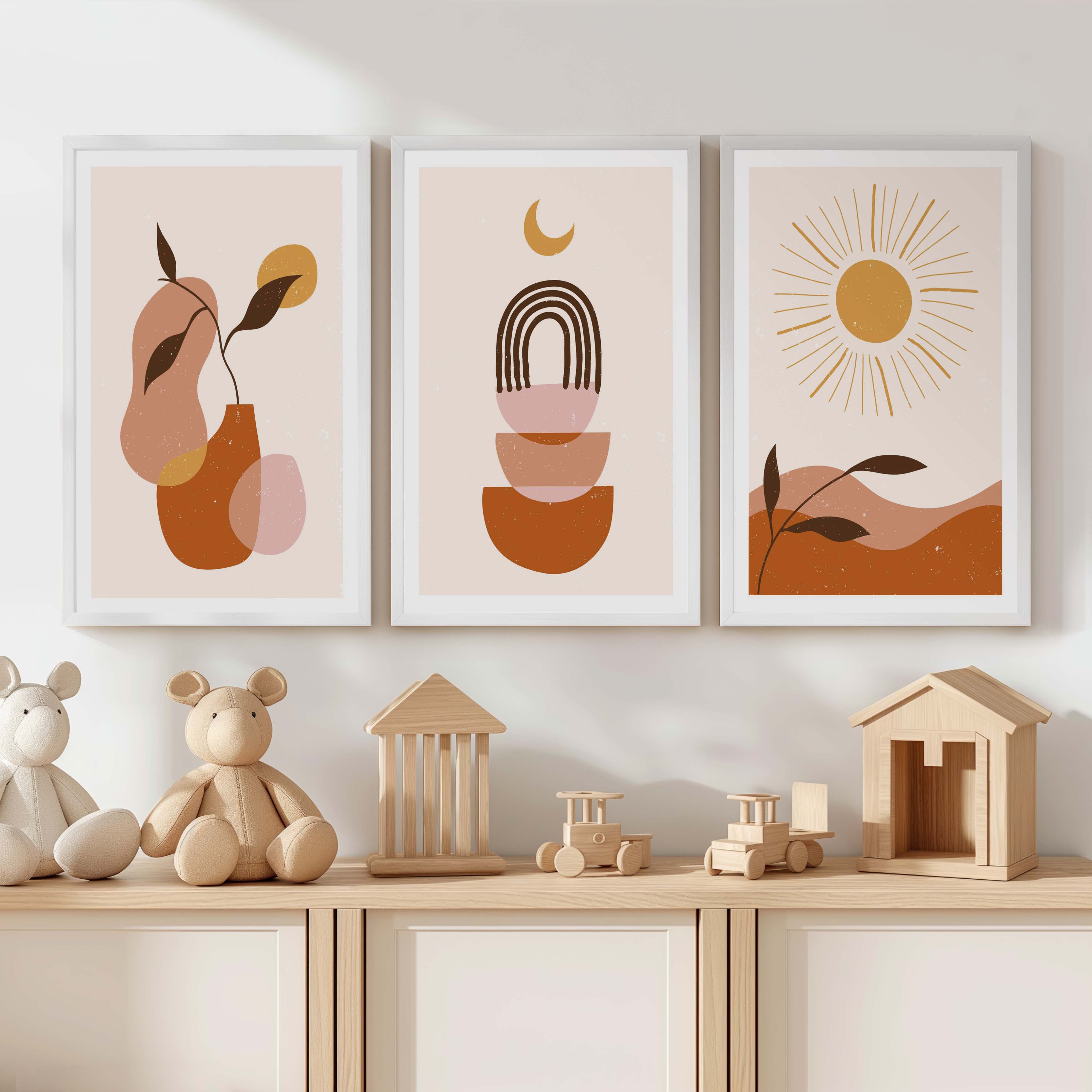 Boho Nursery Wall Art – Minimalist Abstract Print Set (3 Pieces) - White Framed Poster No Border - Artworksets