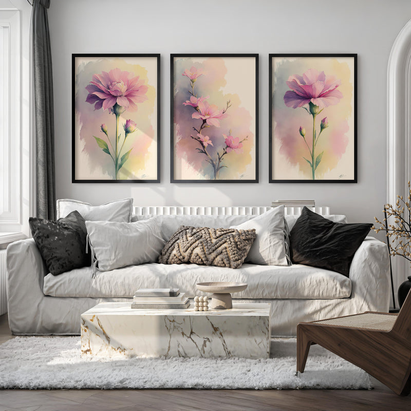 Botanical Artwork Prints – Pink Floral Watercolor Set of 3
 - Black Framed Poster No Border - Artworksets