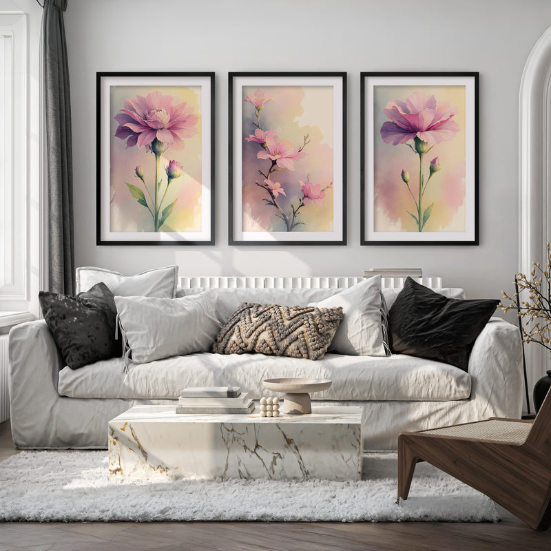 Botanical Artwork Prints – Pink Floral Watercolor Set of 3
 - Black Framed Poster with White Border - Artworksets