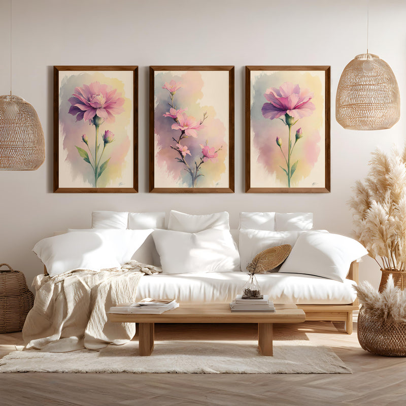 Botanical Artwork Prints – Pink Floral Watercolor Set of 3
 - Dark Brown Framed Poster No Border - Artworksets