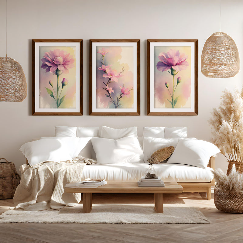 Botanical Artwork Prints – Pink Floral Watercolor Set of 3
 - Dark Brown Framed Poster with White Border - Artworksets