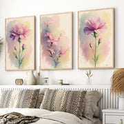 Botanical Artwork Prints – Pink Floral Watercolor Set of 3
 - Natural Wood Framed Poster No Border - Artworksets