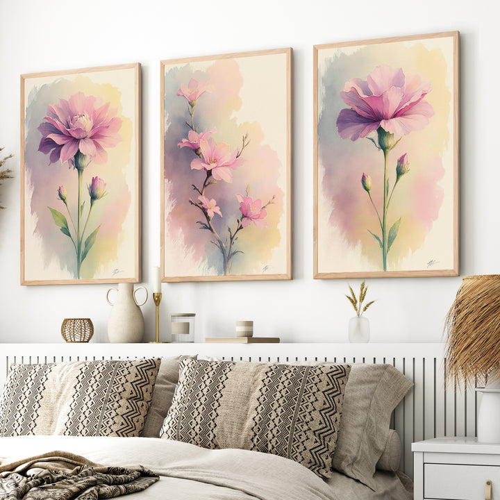 Botanical Artwork Prints – Pink Floral Watercolor Set of 3
 - Natural Wood Framed Poster No Border - Artworksets