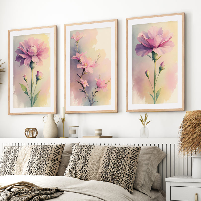Botanical Artwork Prints – Pink Floral Watercolor Set of 3
- Natural Wood Framed Poster with White Border - Artworksets