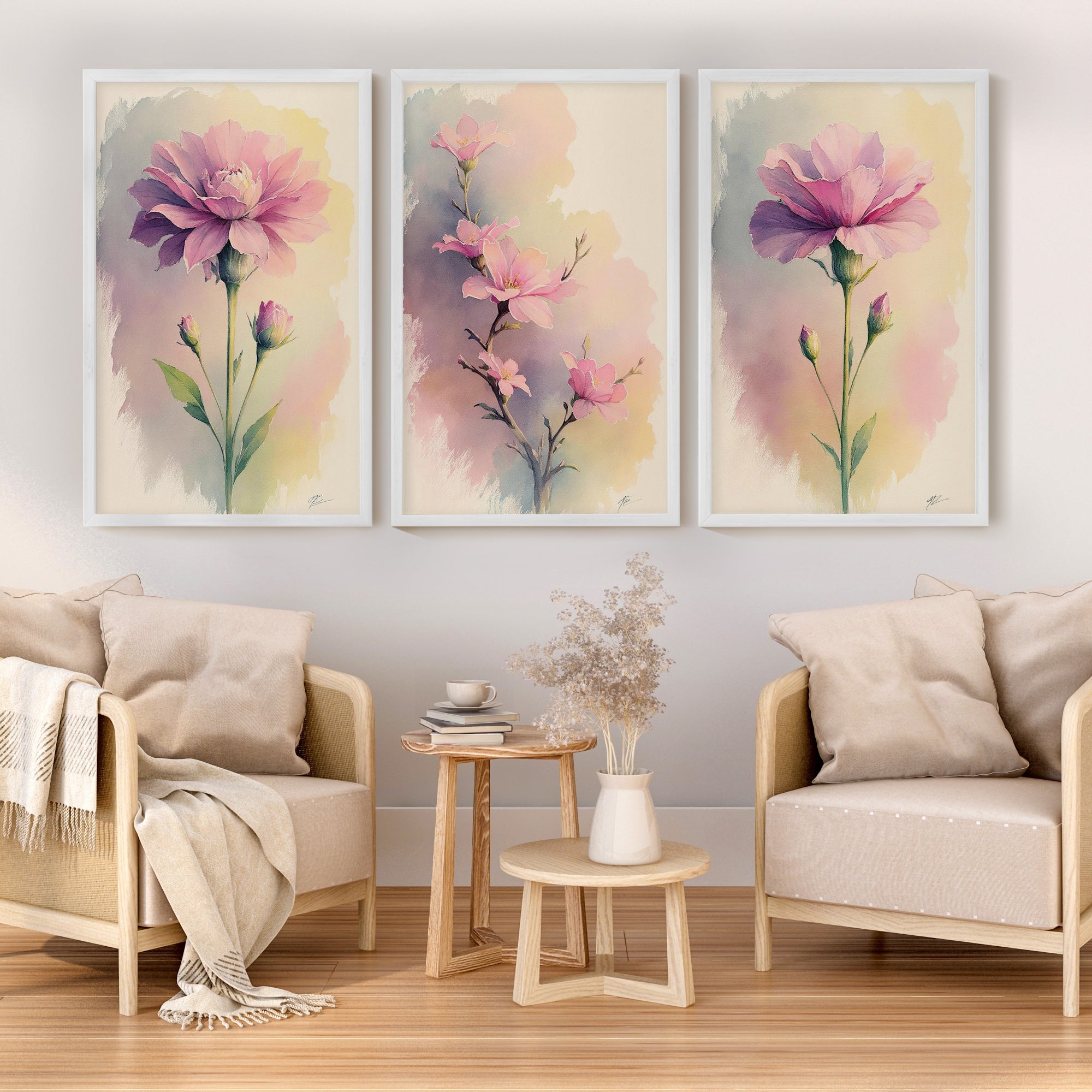 Botanical Artwork Prints – Pink Floral Watercolor Set of 3
 - White Framed Poster No Border - Artworksets