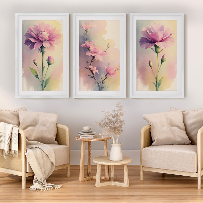 Botanical Artwork Prints – Pink Floral Watercolor Set of 3
 - White Framed Poster with White Border - Artworksets