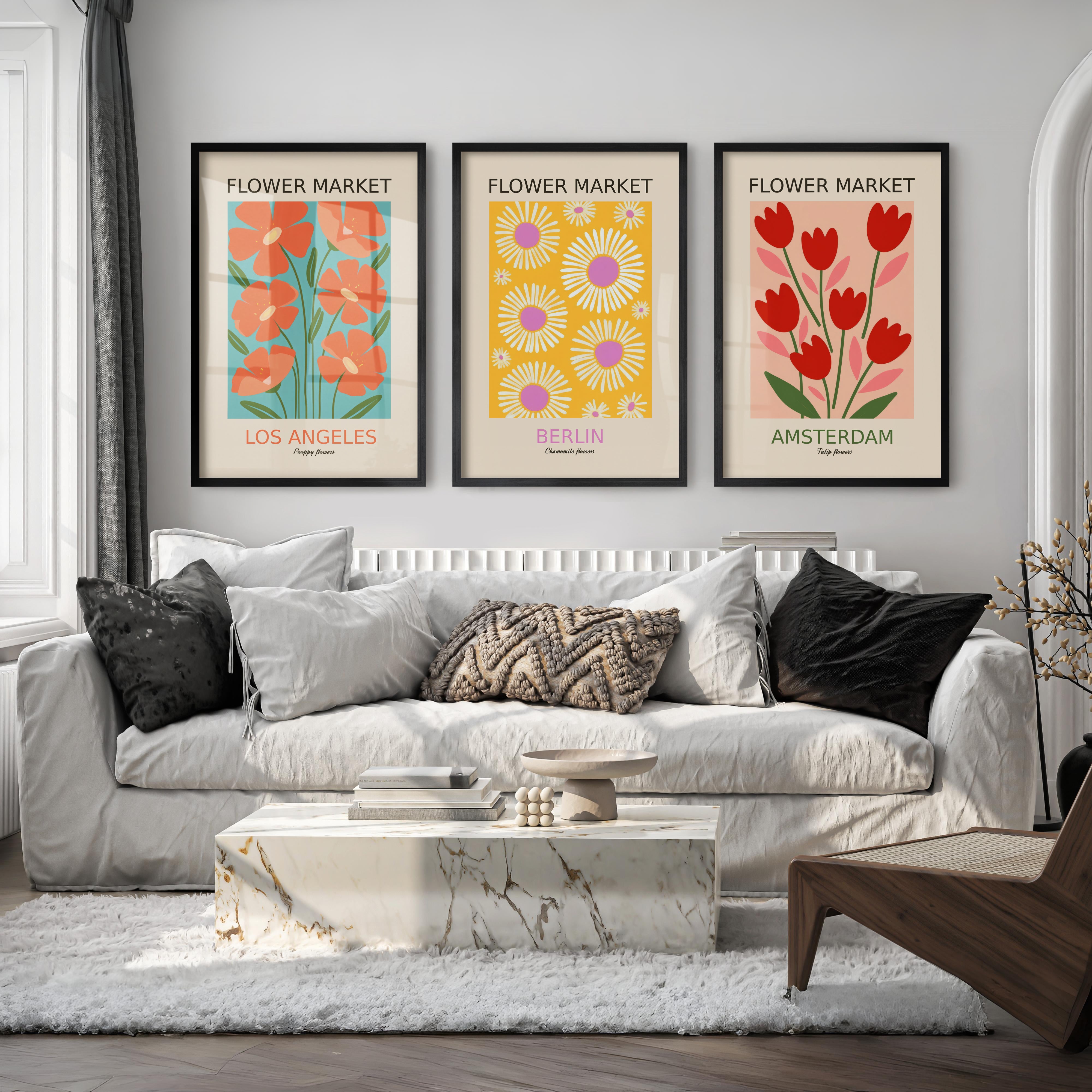 3 Piece Botanical Boho Art Set. Flower Market Theme - Black Framed Poster No Border - Artworksets
