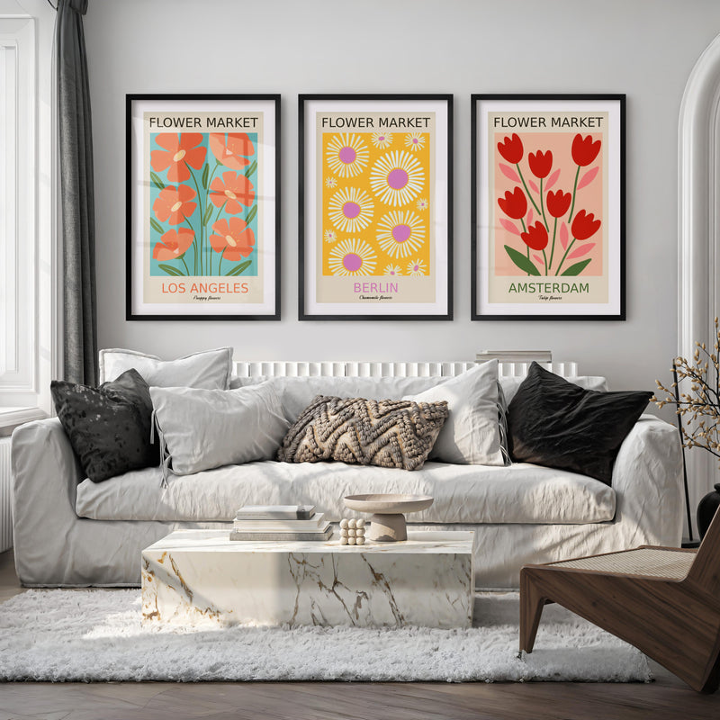 3 Piece Botanical Boho Art Set. Flower Market Theme - Black Framed Poster with White Border - Artworksets