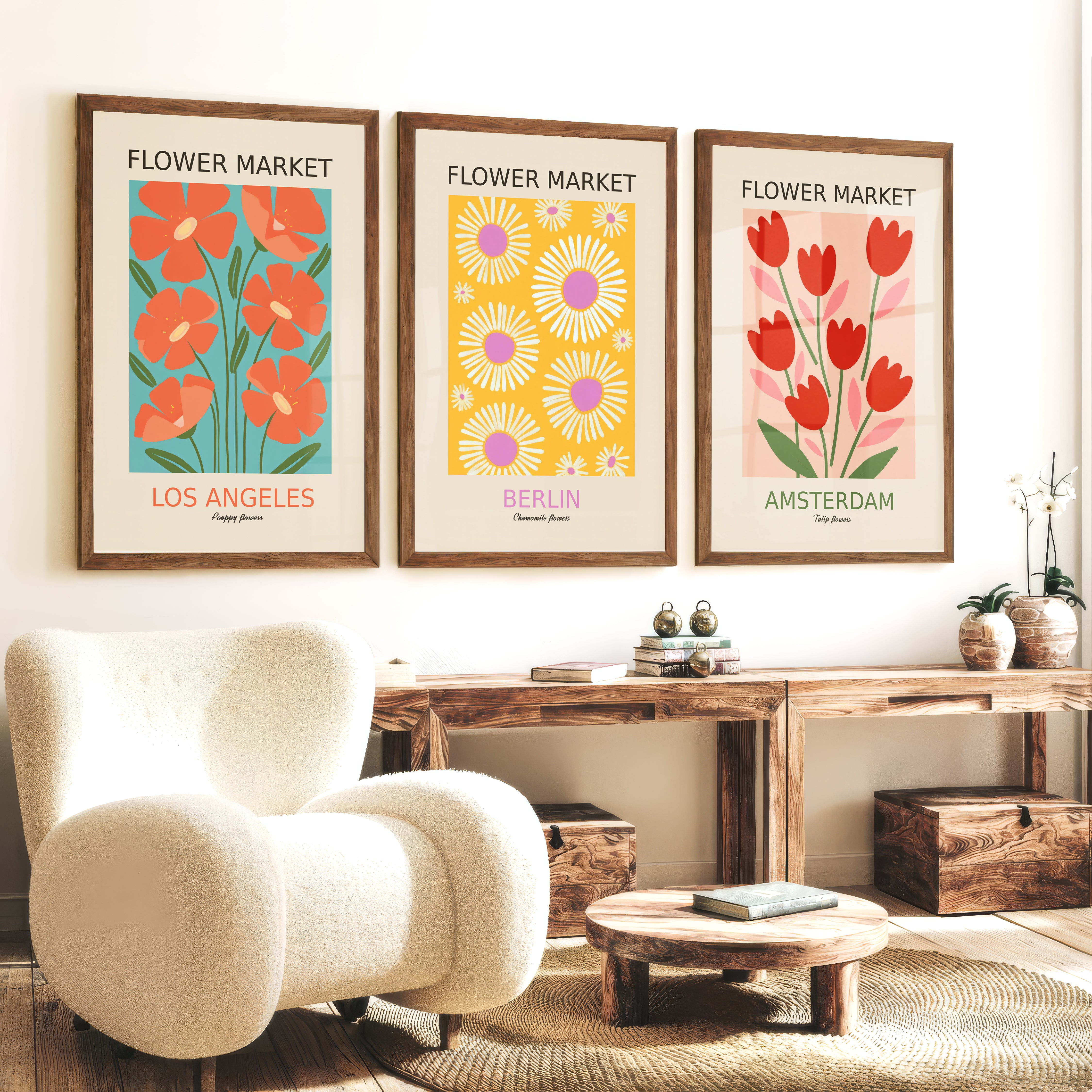 3 Piece Botanical Boho Art Set. Flower Market Theme - Dark Brown Framed Poster No Border - Artworksets