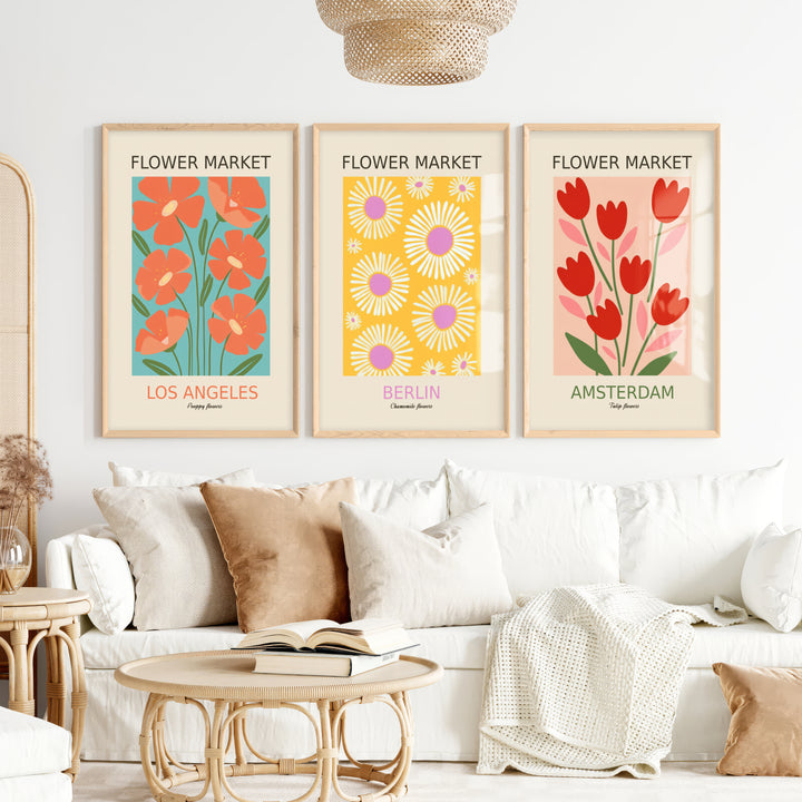 3 Piece Botanical Boho Art Set. Flower Market Theme - Natural Wood Framed Poster No Border - Artworksets