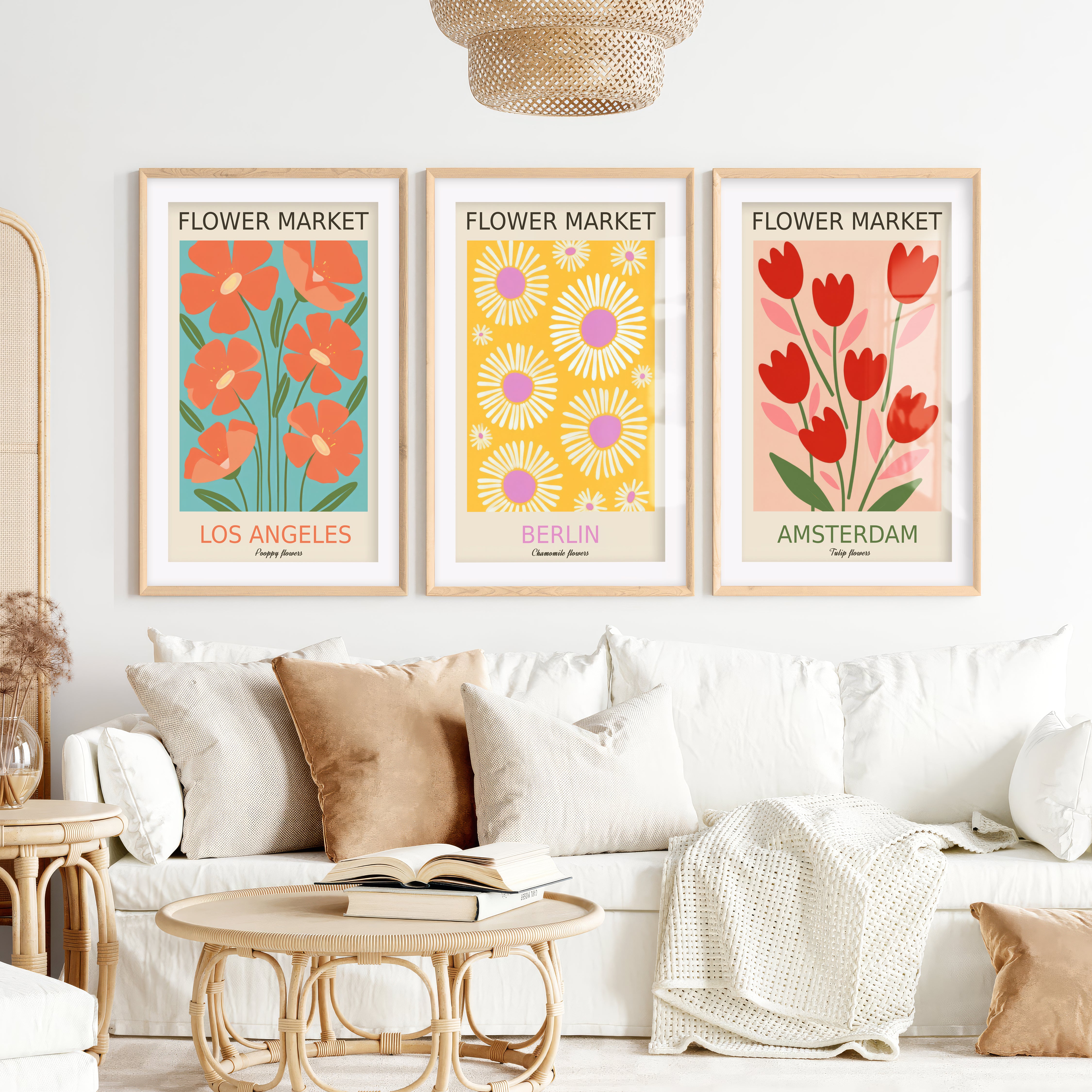 3 Piece Botanical Boho Art Set. Flower Market Theme- Natural Wood Framed Poster with White Border - Artworksets