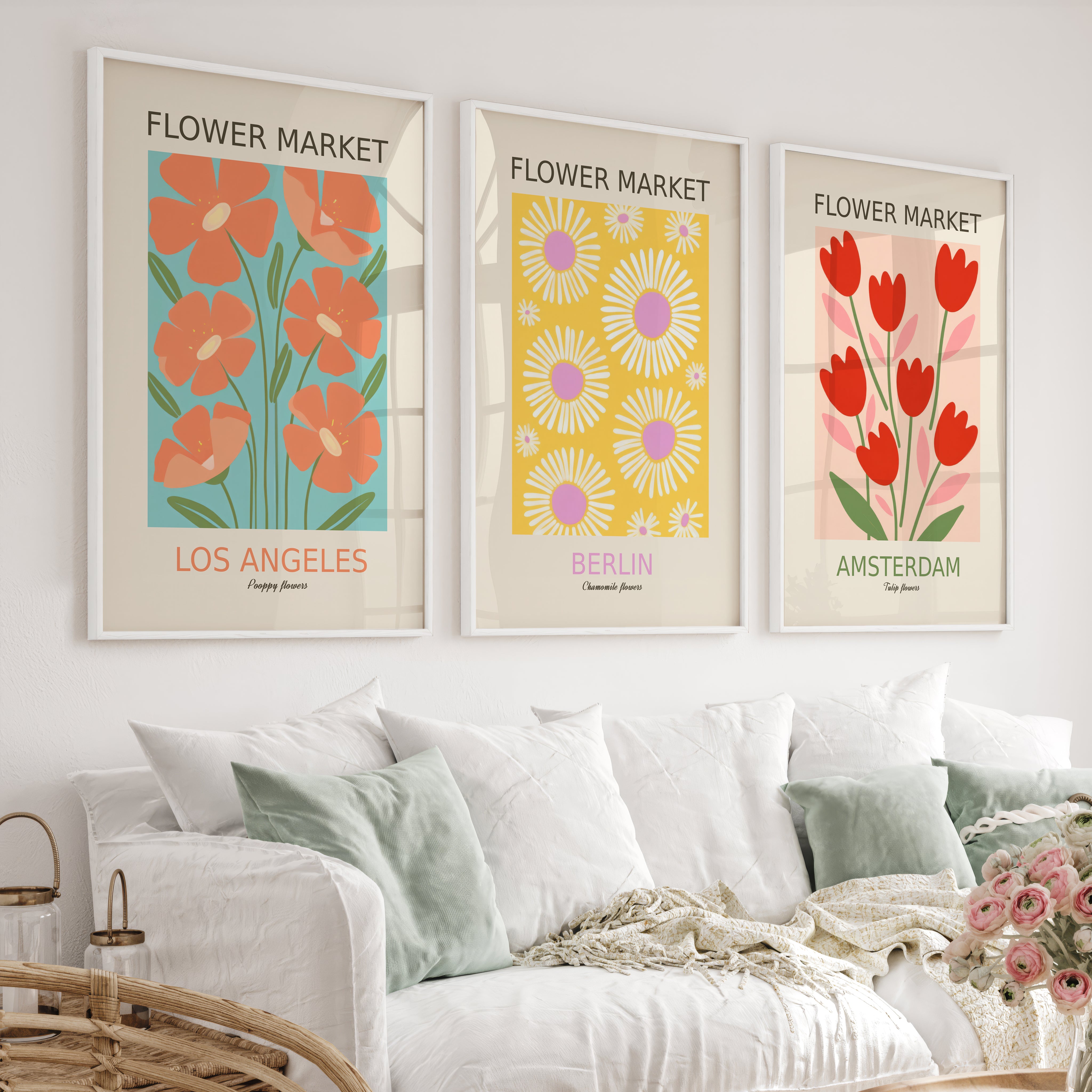 3 Piece Botanical Boho Art Set. Flower Market Theme - White Framed Poster No Border - Artworksets
