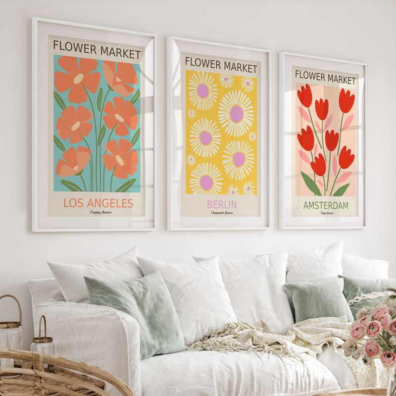 3 Piece Botanical Boho Art Set. Flower Market Theme - White Framed Poster with White Border - Artworksets