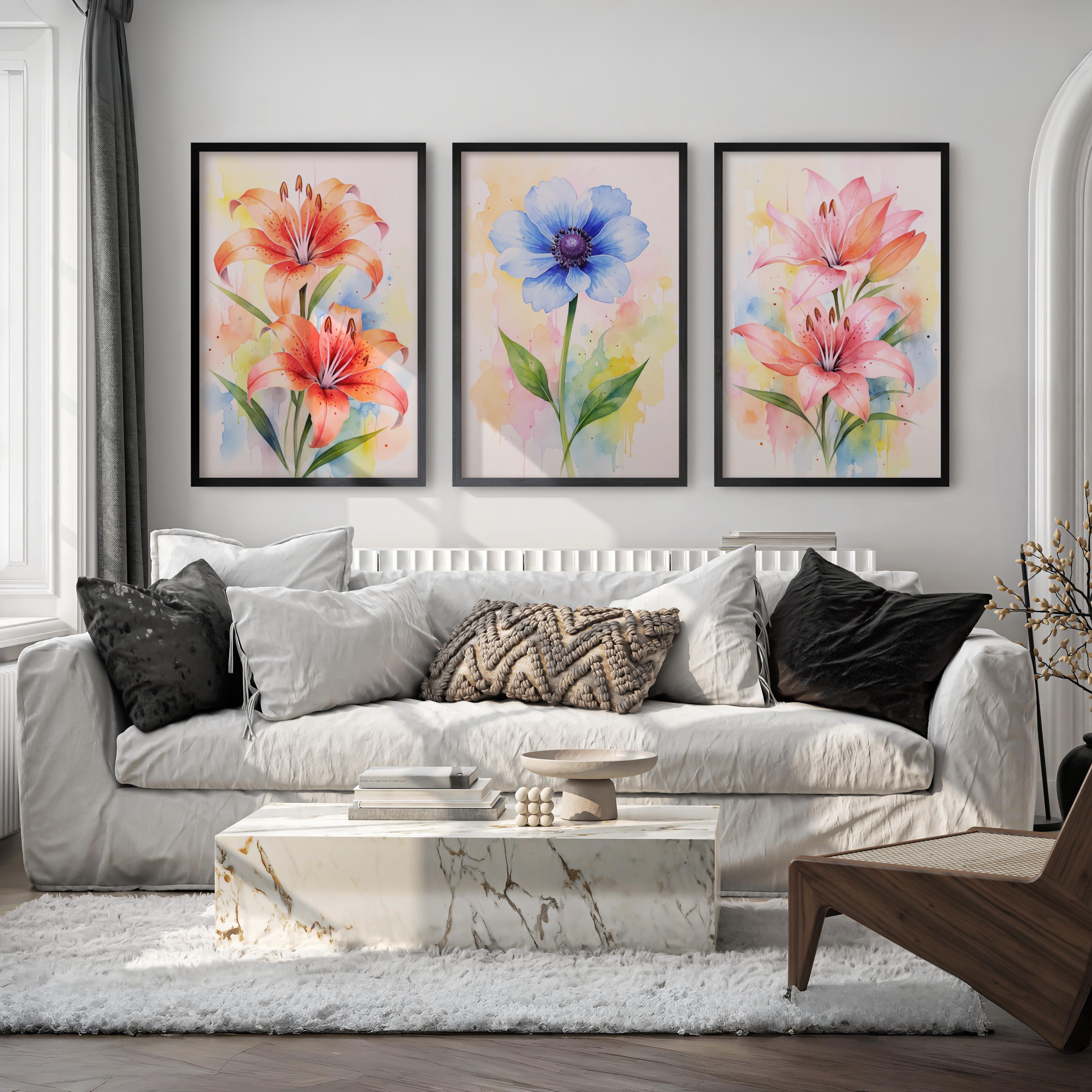 Botanical Posters – Watercolor Lilies and Anemone Set of 3
 - Black Framed Poster No Border - Artworksets