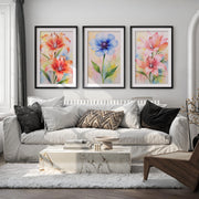 Botanical Posters – Watercolor Lilies and Anemone Set of 3
 - Black Framed Poster with White Border - Artworksets