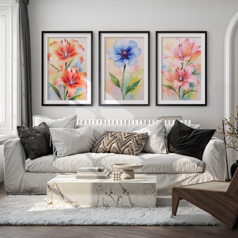 Botanical Posters – Watercolor Lilies and Anemone Set of 3
 - Black Framed Poster with White Border - Artworksets
