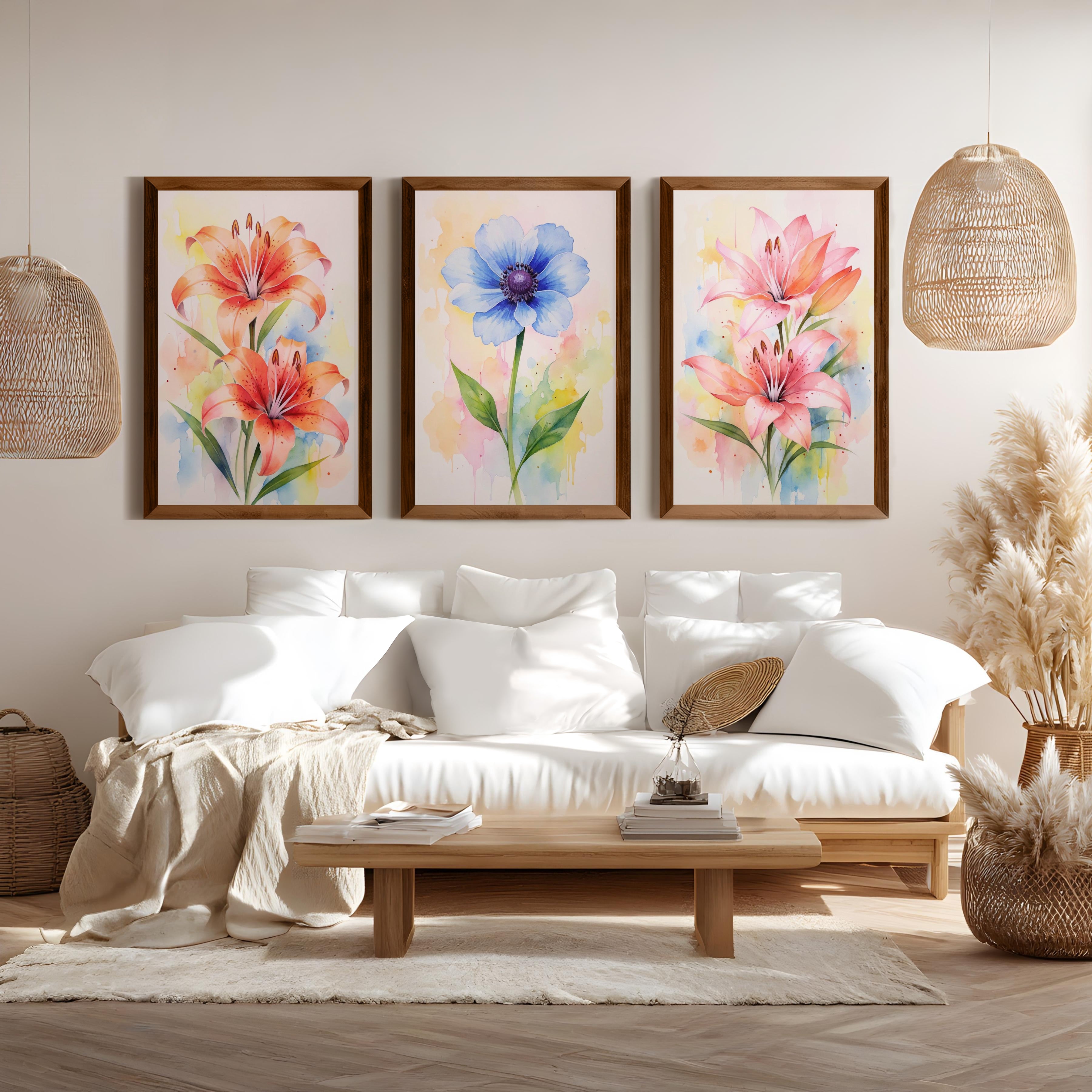 Botanical Posters – Watercolor Lilies and Anemone Set of 3
 - Dark Brown Framed Poster No Border - Artworksets