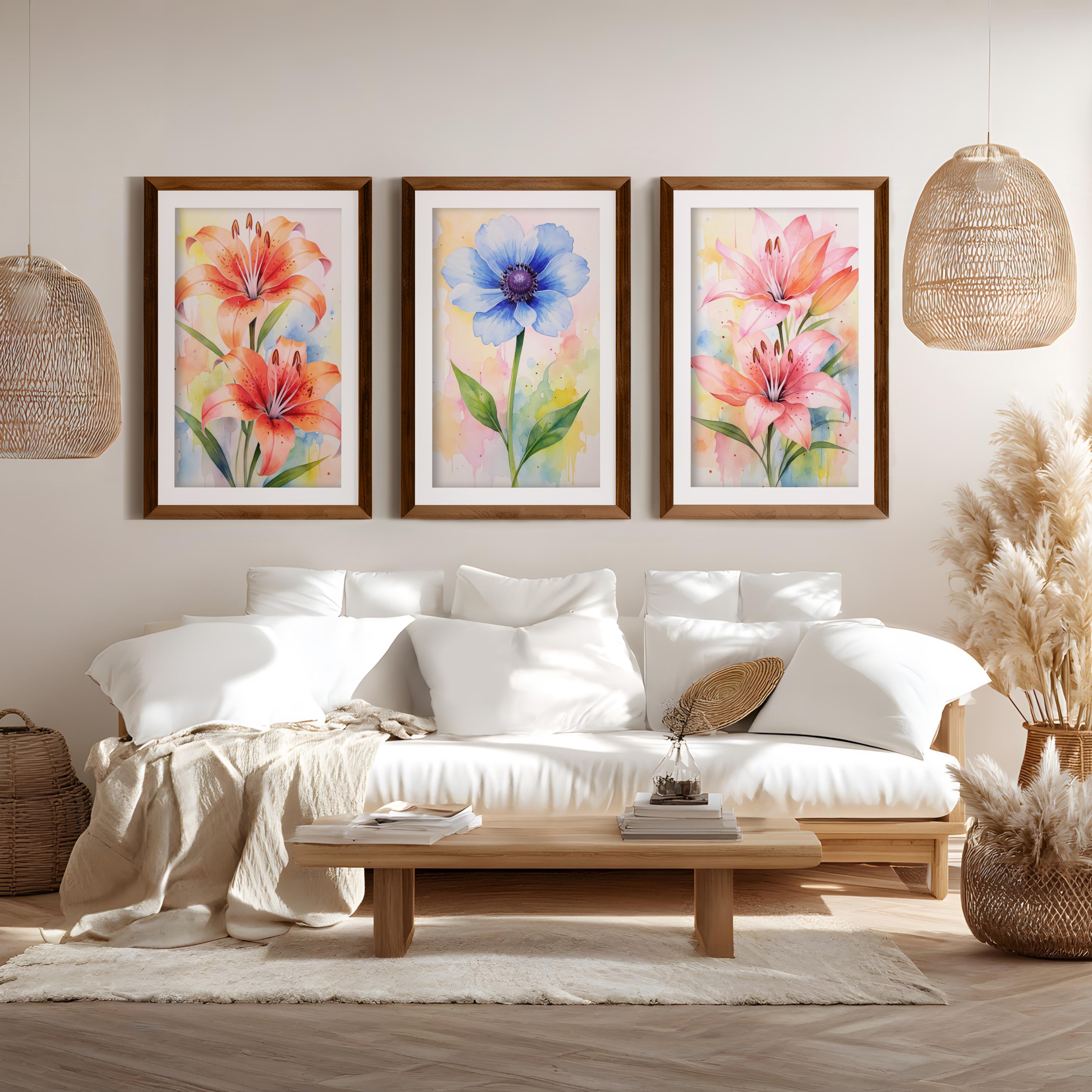 Botanical Posters – Watercolor Lilies and Anemone Set of 3
 - Dark Brown Framed Poster with White Border - Artworksets