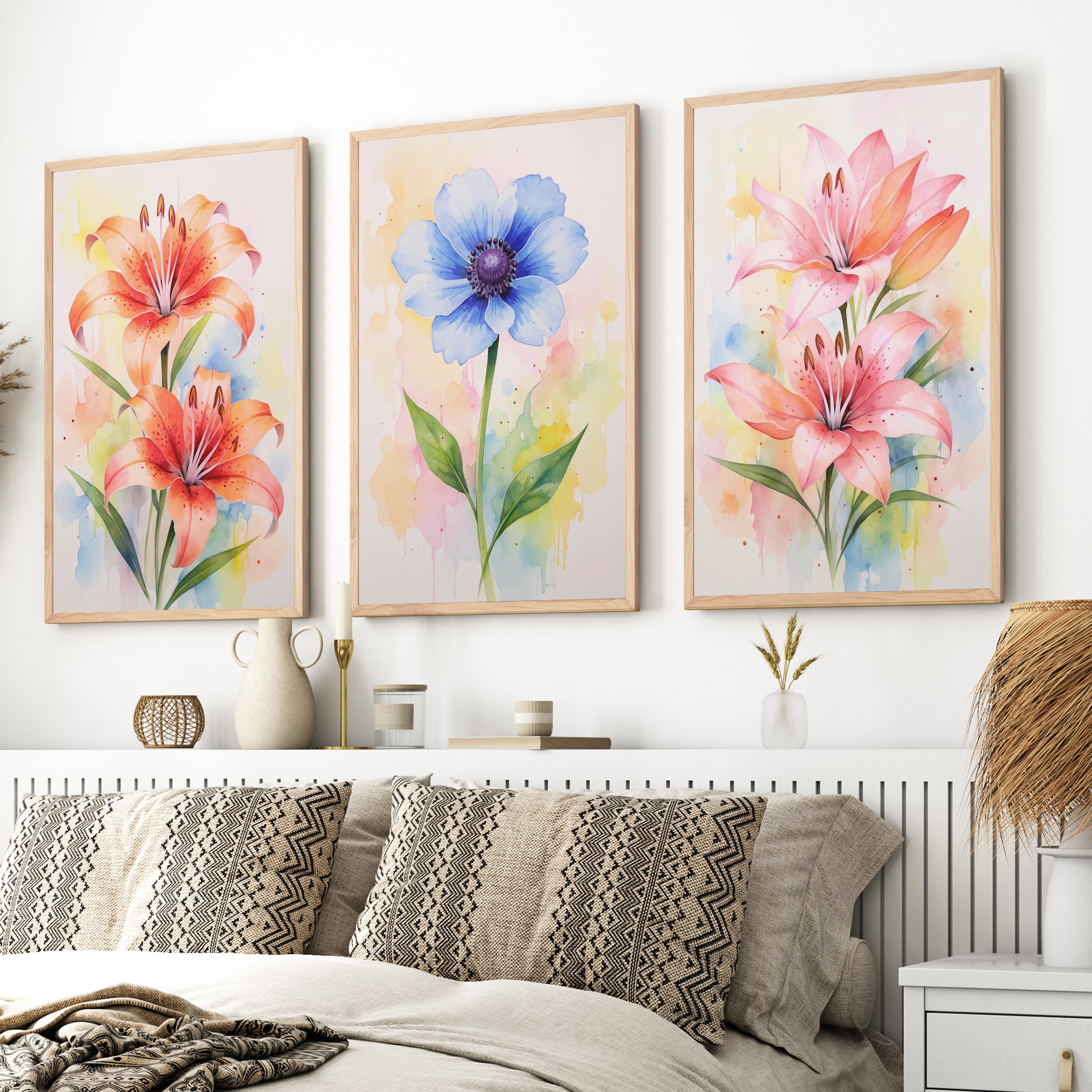Botanical Posters – Watercolor Lilies and Anemone Set of 3
 - Natural Wood Framed Poster No Border - Artworksets