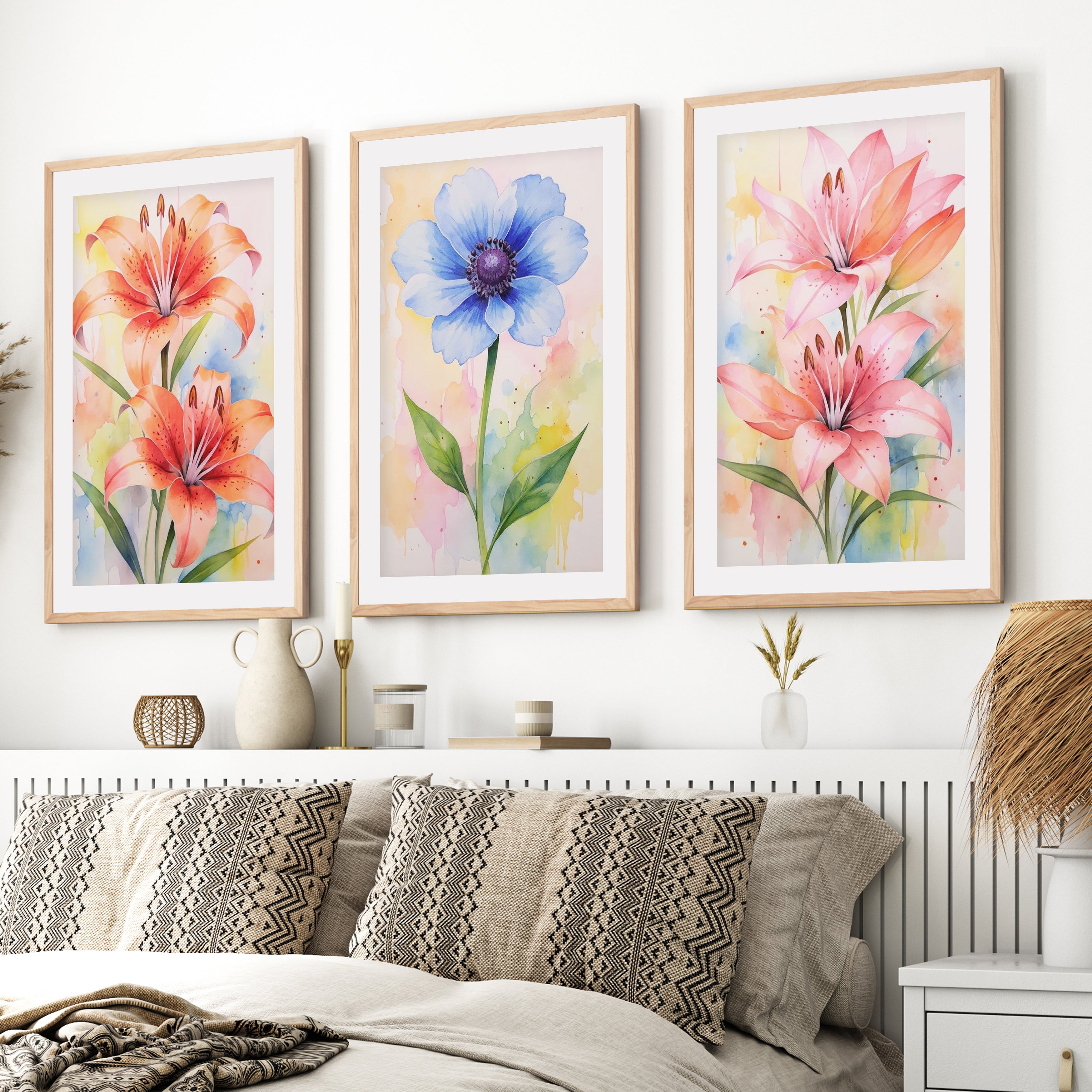 Botanical Posters – Watercolor Lilies and Anemone Set of 3
- Natural Wood Framed Poster with White Border - Artworksets