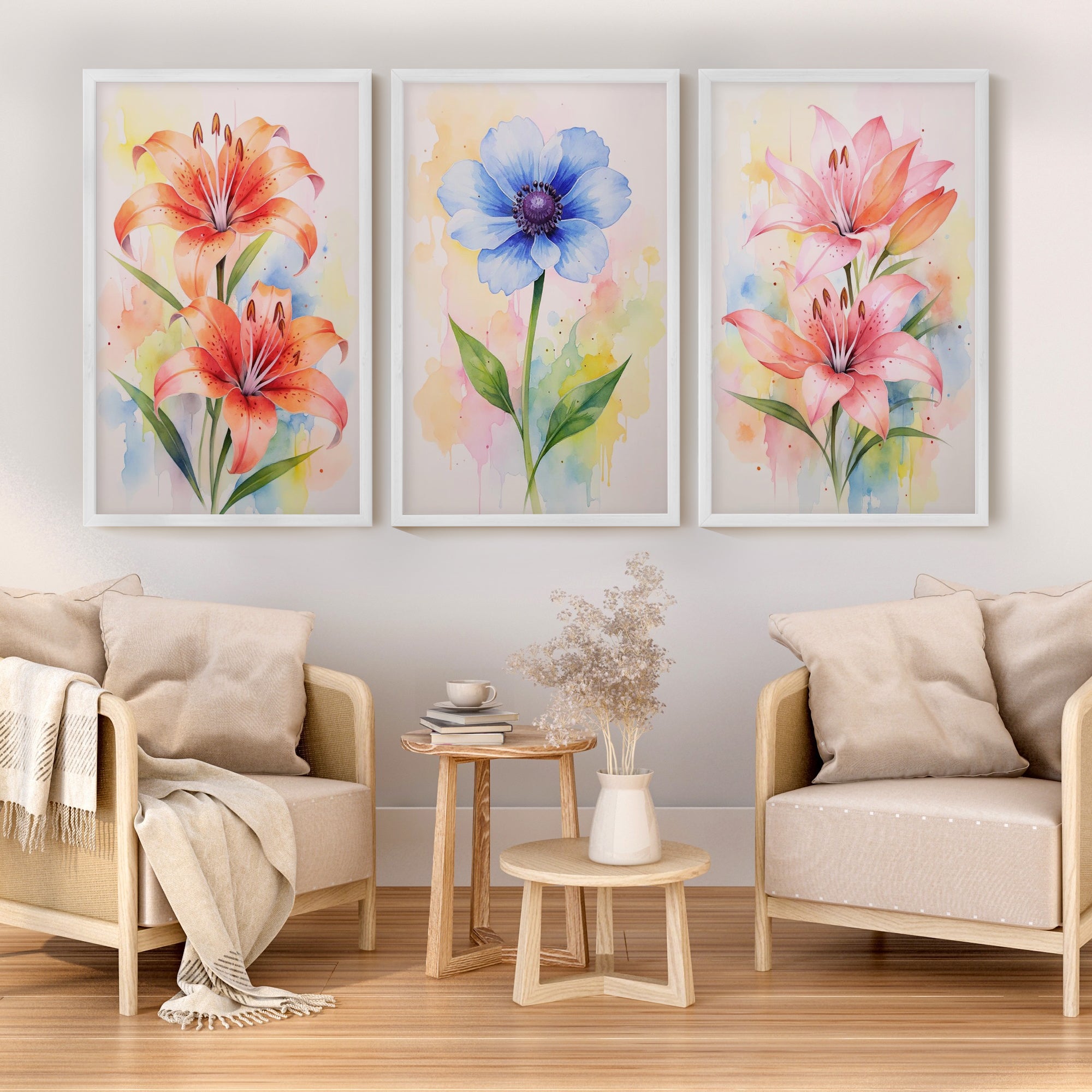 Botanical Posters – Watercolor Lilies and Anemone Set of 3
 - White Framed Poster No Border - Artworksets