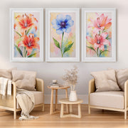 Botanical Posters – Watercolor Lilies and Anemone Set of 3
 - White Framed Poster with White Border - Artworksets