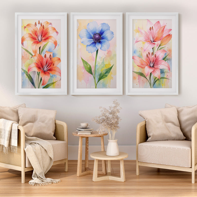 Botanical Posters – Watercolor Lilies and Anemone Set of 3
 - White Framed Poster with White Border - Artworksets