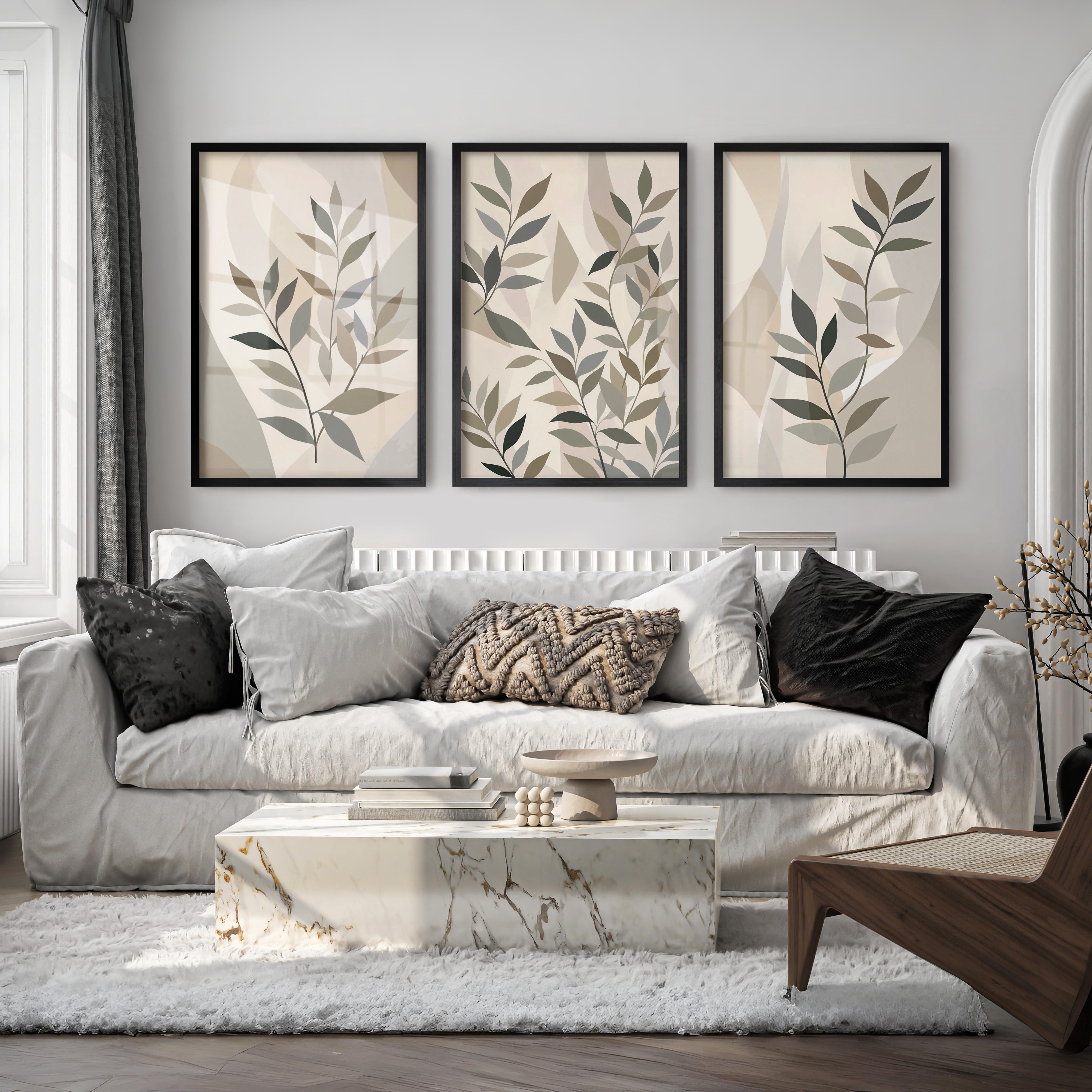 Botanical Wall Art Framed Abstract Neutral Leaf Set of 3 - Black Framed Poster No Border - Artworksets