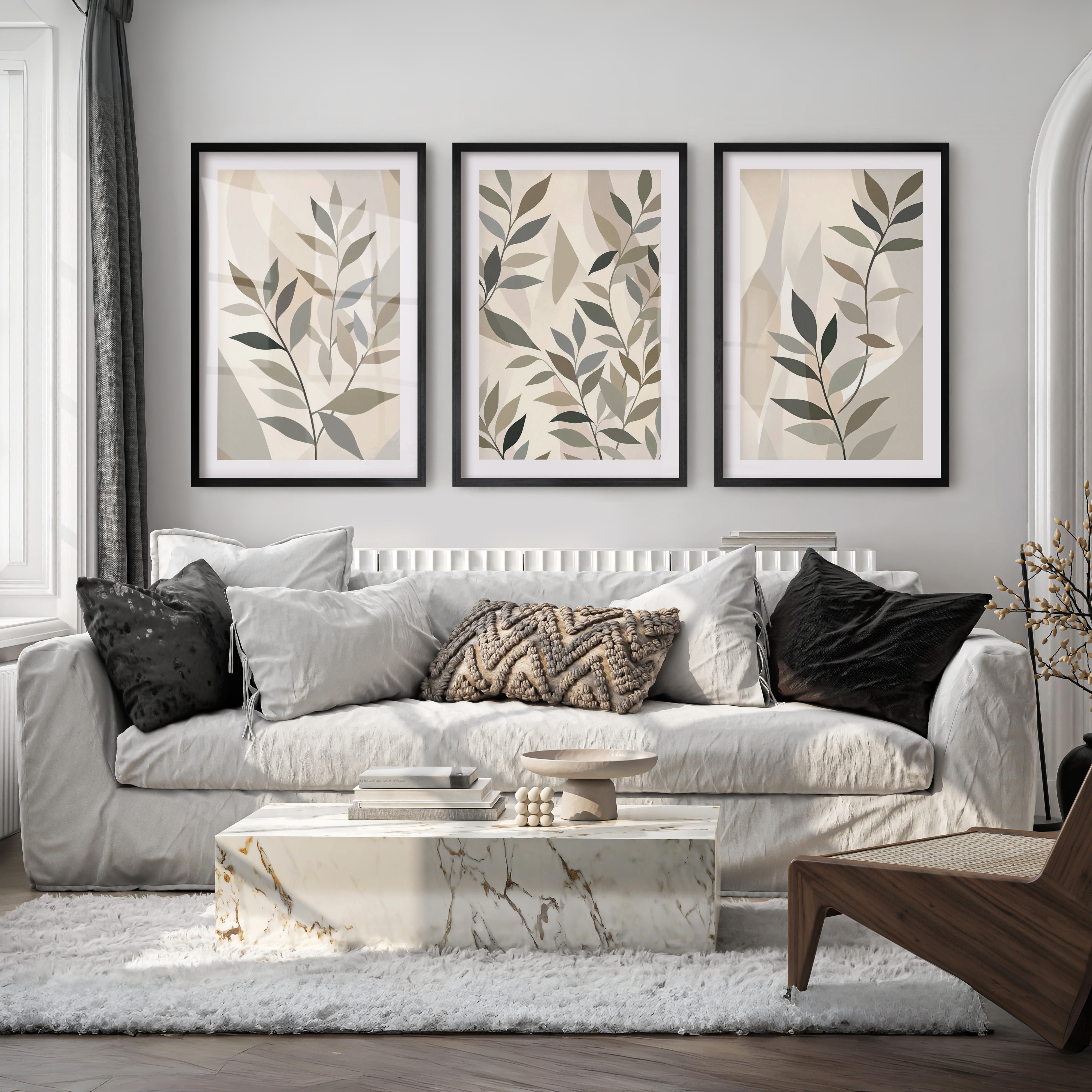 Botanical Wall Art Framed Abstract Neutral Leaf Set of 3 - Black Framed Poster with White Border - Artworksets