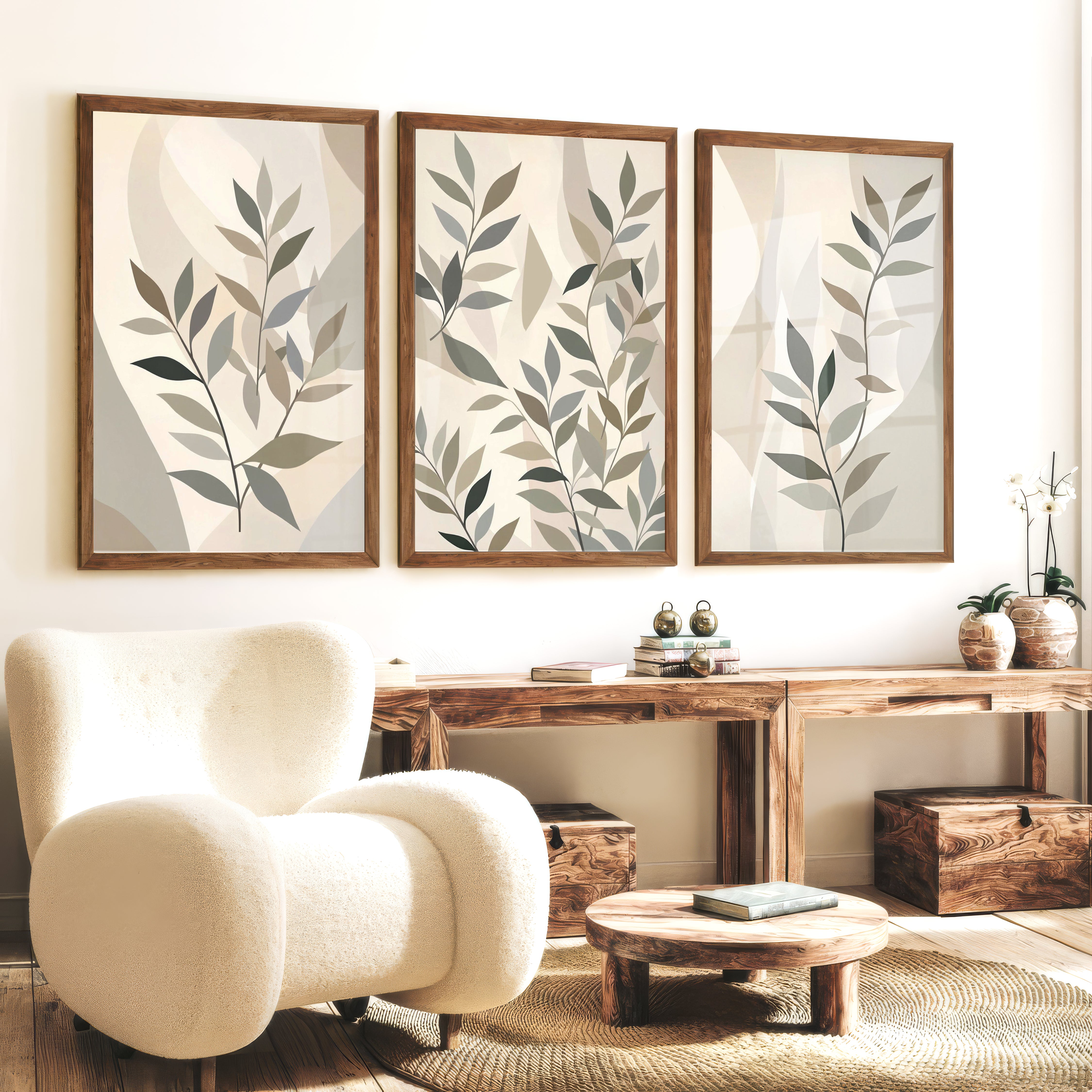 Botanical Wall Art Framed Abstract Neutral Leaf Set of 3 - Dark Brown Framed Poster No Border - Artworksets