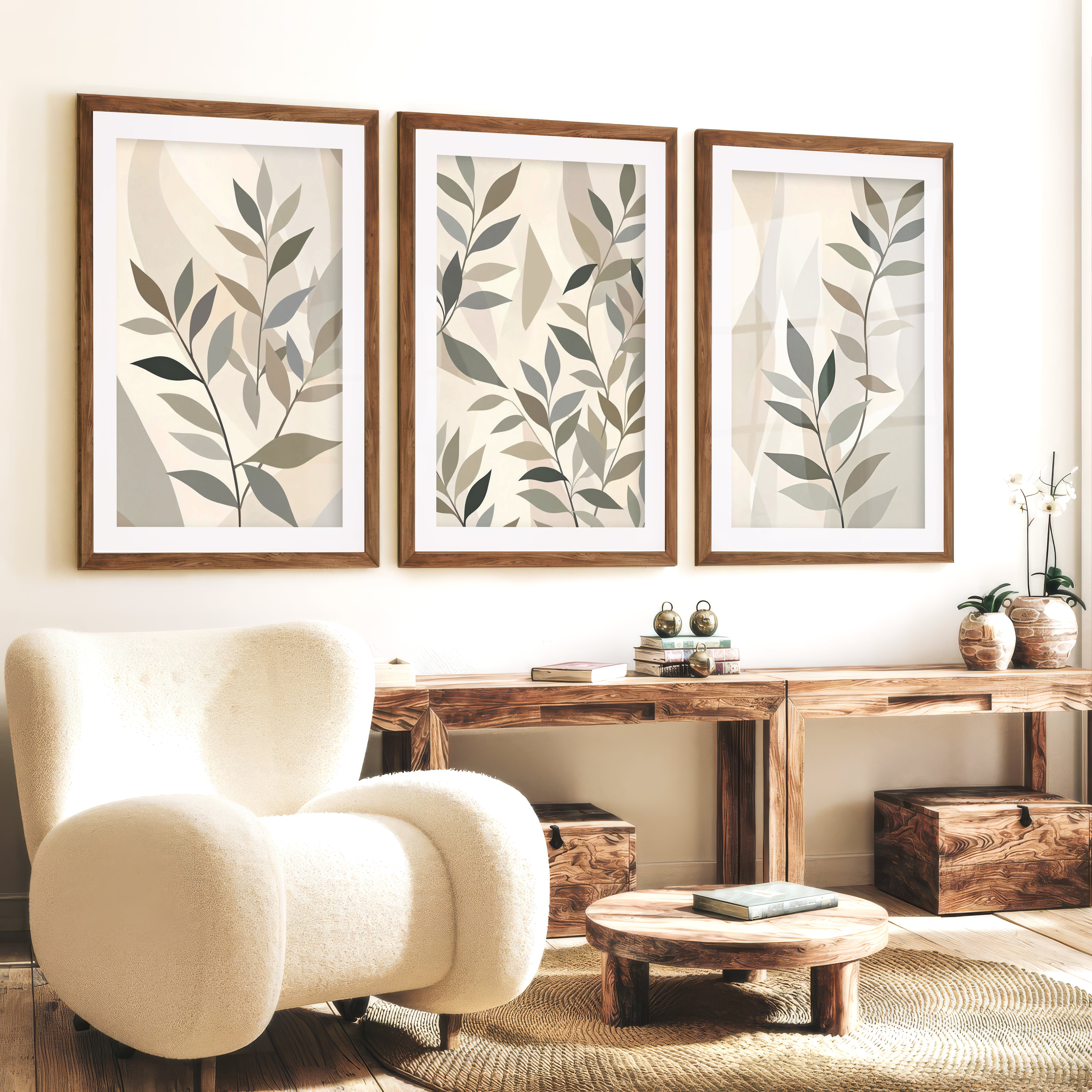Botanical Wall Art Framed Abstract Neutral Leaf Set of 3 - Dark Brown Framed Poster with White Border - Artworksets
