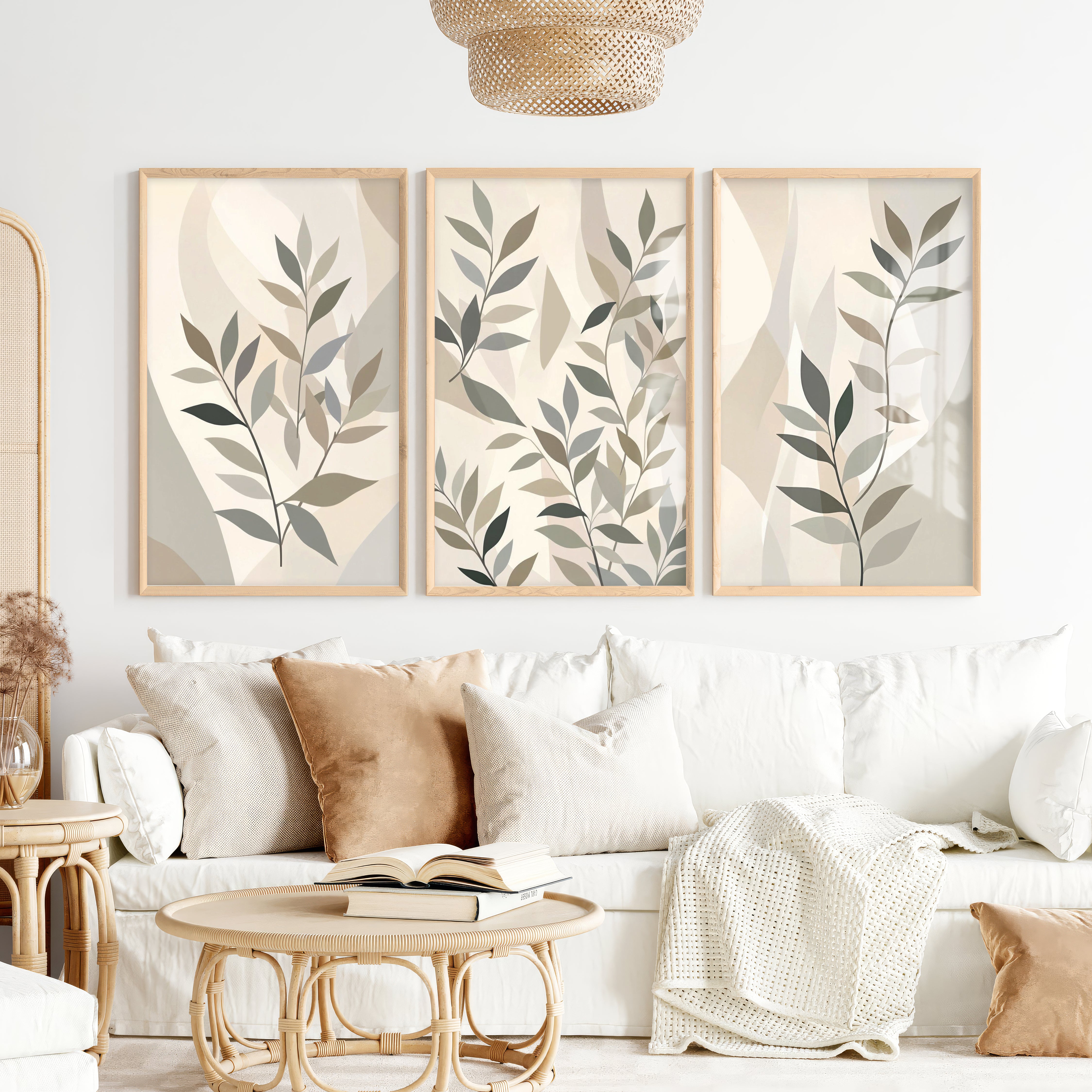 Botanical Wall Art Framed Abstract Neutral Leaf Set of 3 - Natural Wood Framed Poster No Border - Artworksets