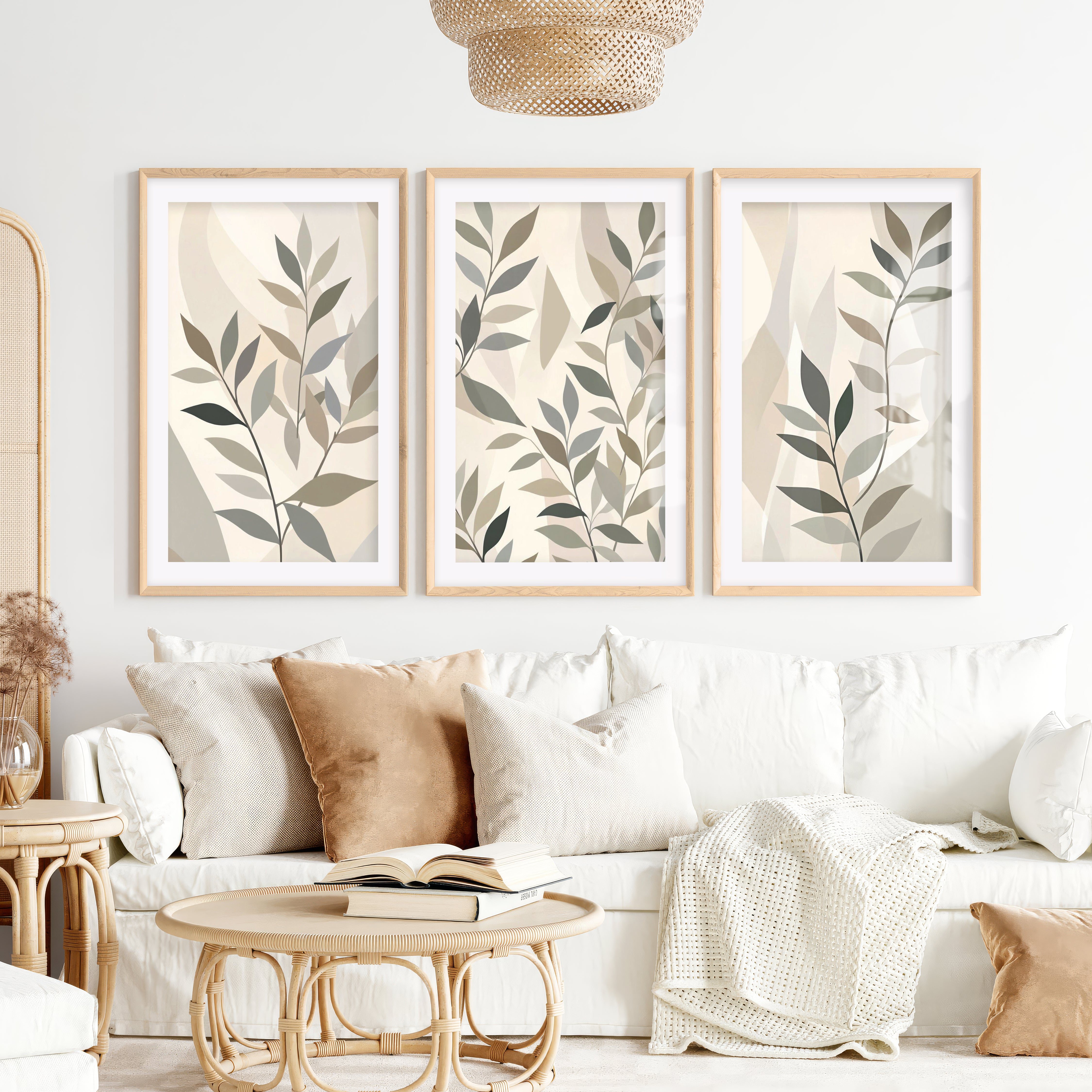 Botanical Wall Art Framed Abstract Neutral Leaf Set of 3- Natural Wood Framed Poster with White Border - Artworksets
