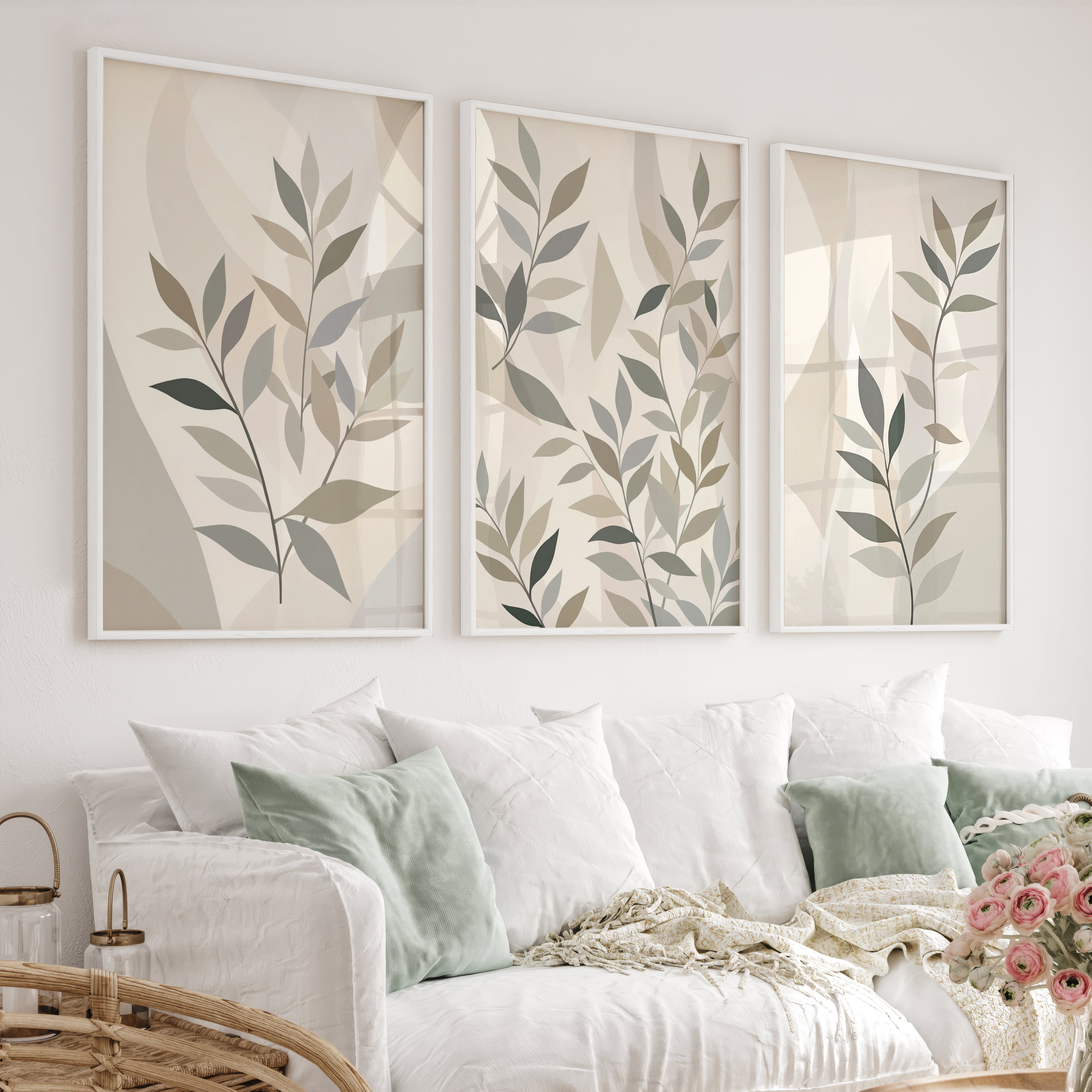 Botanical Wall Art Framed Abstract Neutral Leaf Set of 3 - White Framed Poster No Border - Artworksets