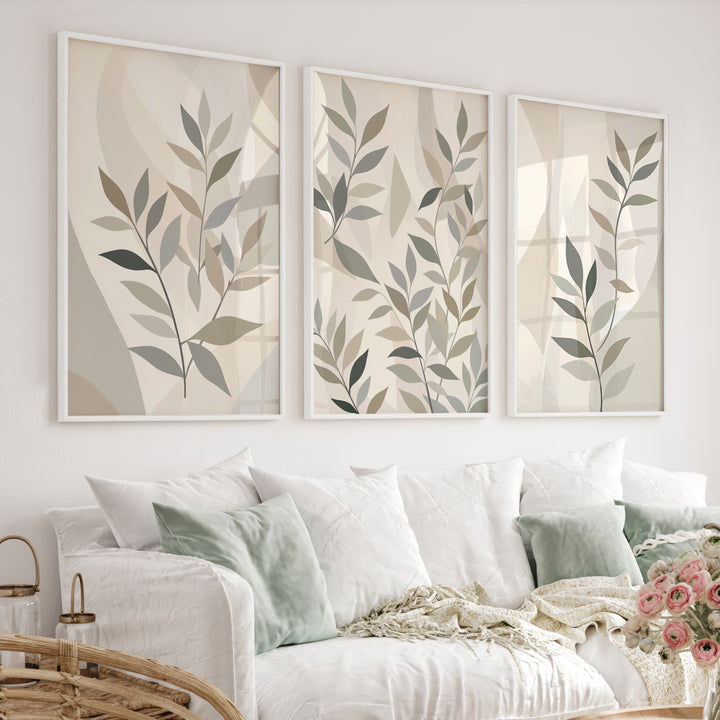 Botanical Wall Art Framed Abstract Neutral Leaf Set of 3 - White Framed Poster No Border - Artworksets
