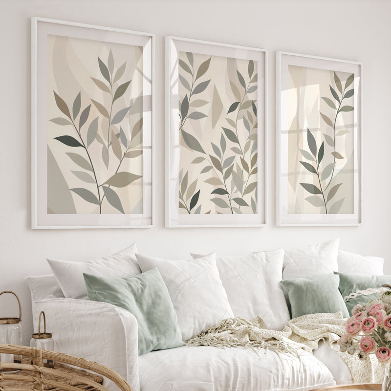 Botanical Wall Art Framed Abstract Neutral Leaf Set of 3 - White Framed Poster with White Border - Artworksets