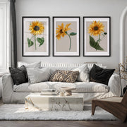 Botanical Wall Decor Sunflower Floral Print Set of 3 - Black Framed Poster with White Border - Artworksets