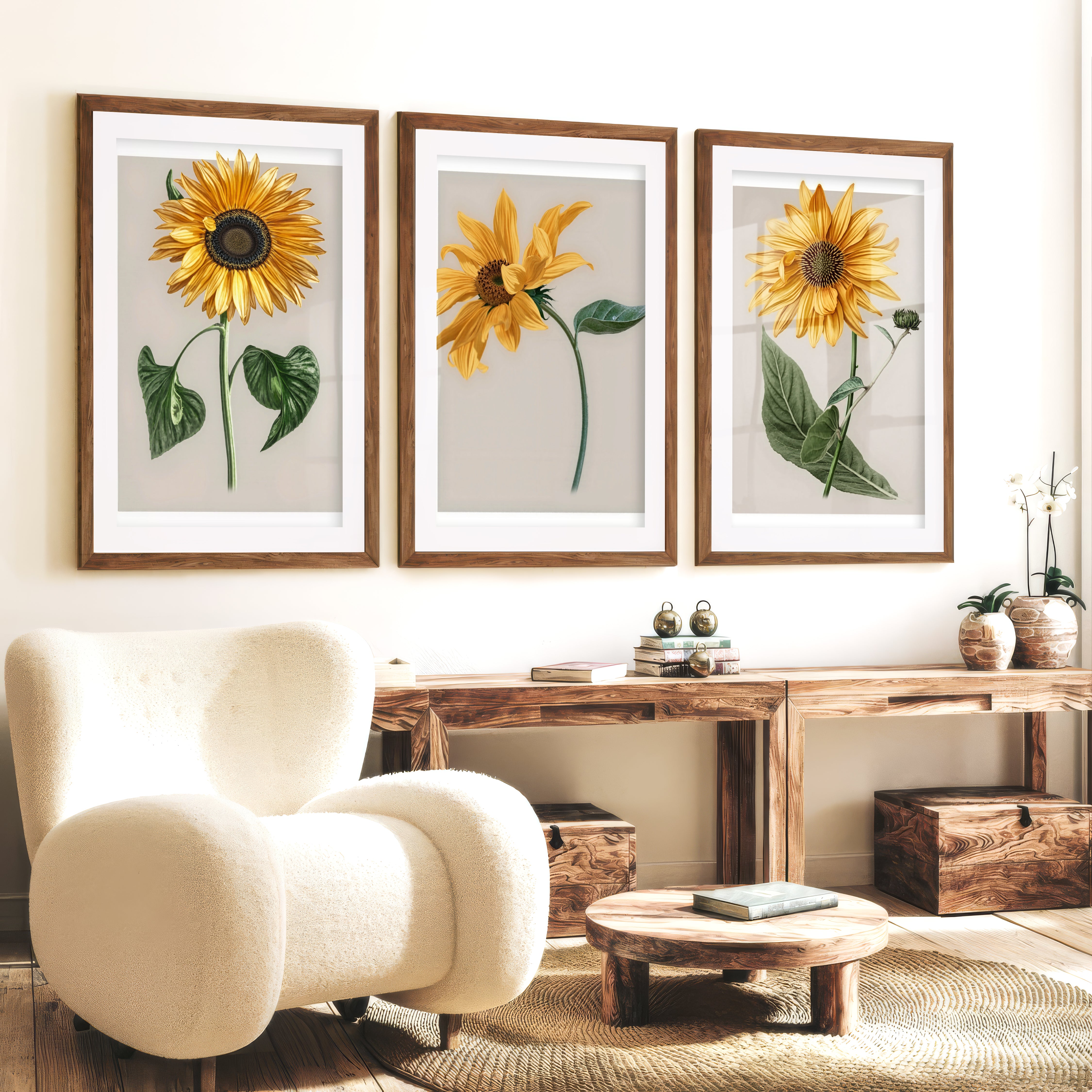 Botanical Wall Decor Sunflower Floral Print Set of 3 - Dark Brown Framed Poster with White Border - Artworksets