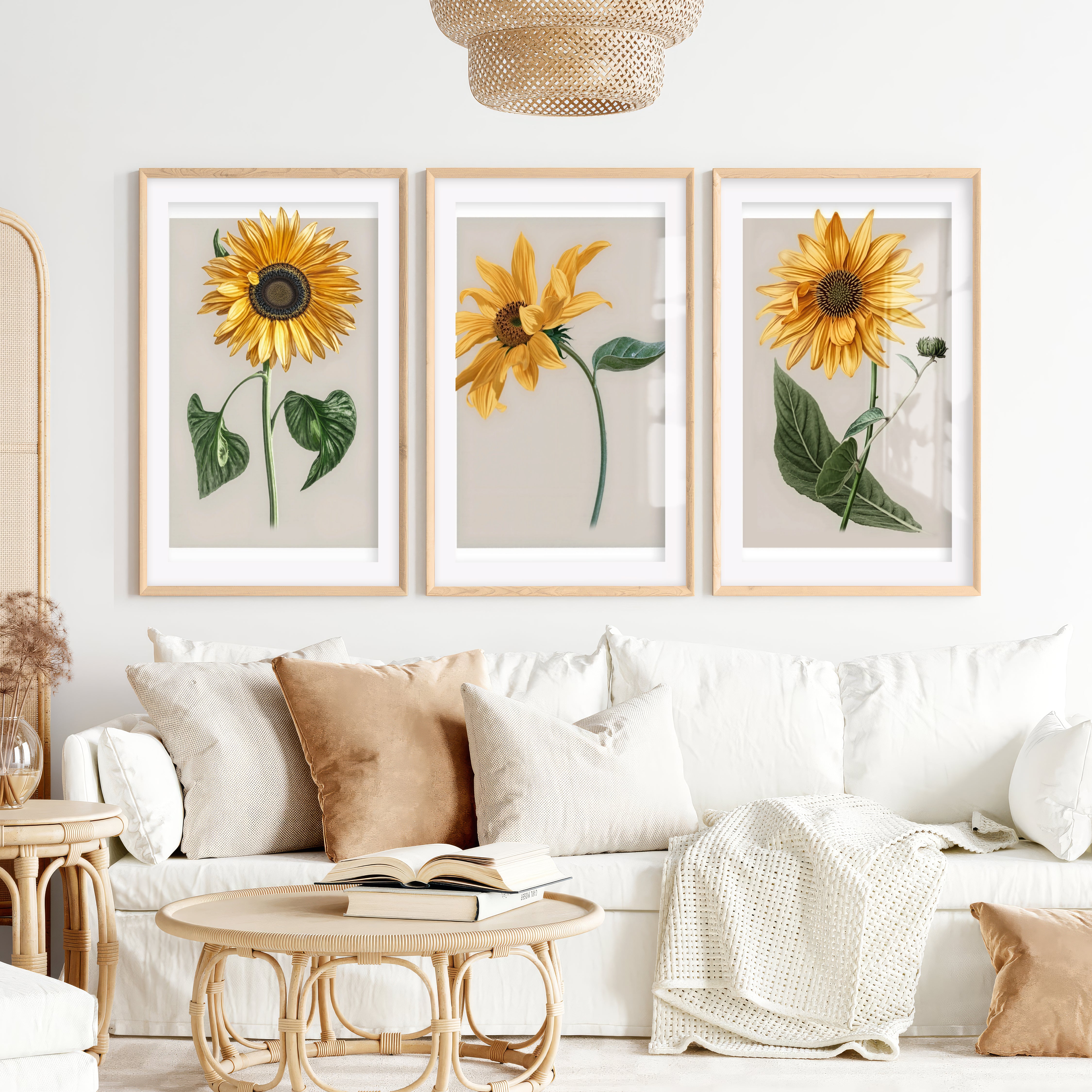 Botanical Wall Decor Sunflower Floral Print Set of 3- Natural Wood Framed Poster with White Border - Artworksets