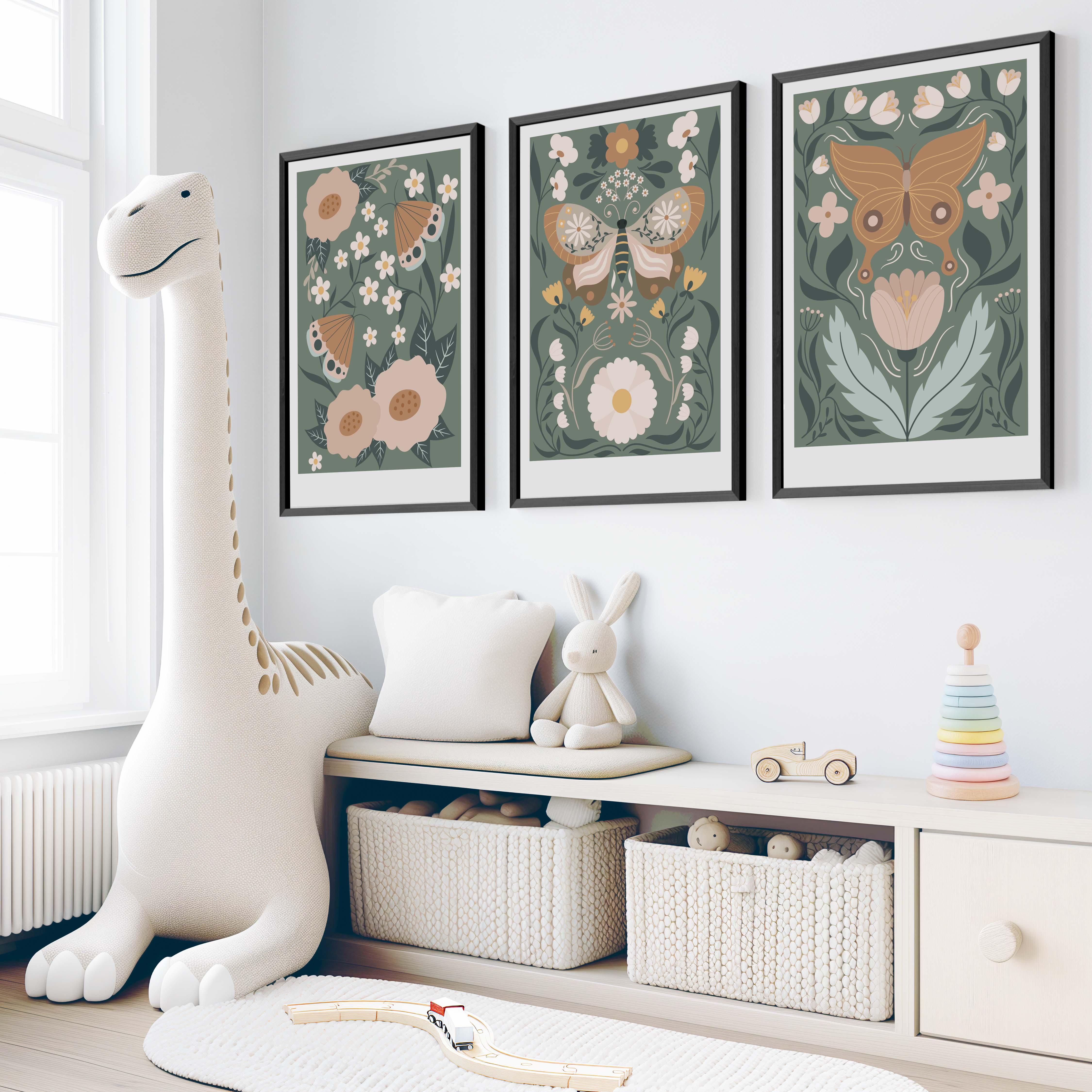 Butterfly Wall Art for Nursery – Floral Nature Print Set (3 Pieces) - Black Framed Poster No Border - Artworksets