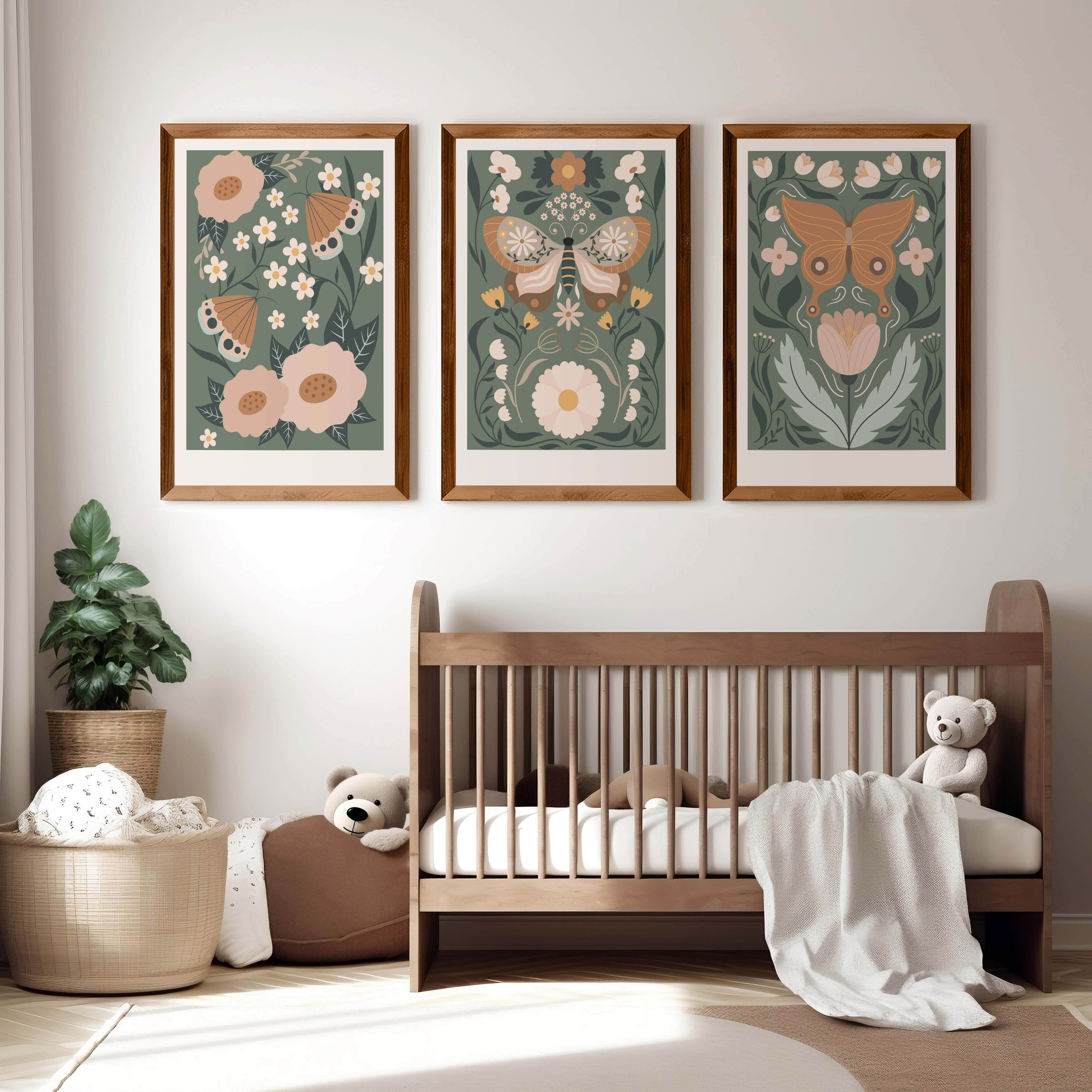 Butterfly Wall Art for Nursery – Floral Nature Print Set (3 Pieces) - Dark Brown Framed Poster No Border - Artworksets