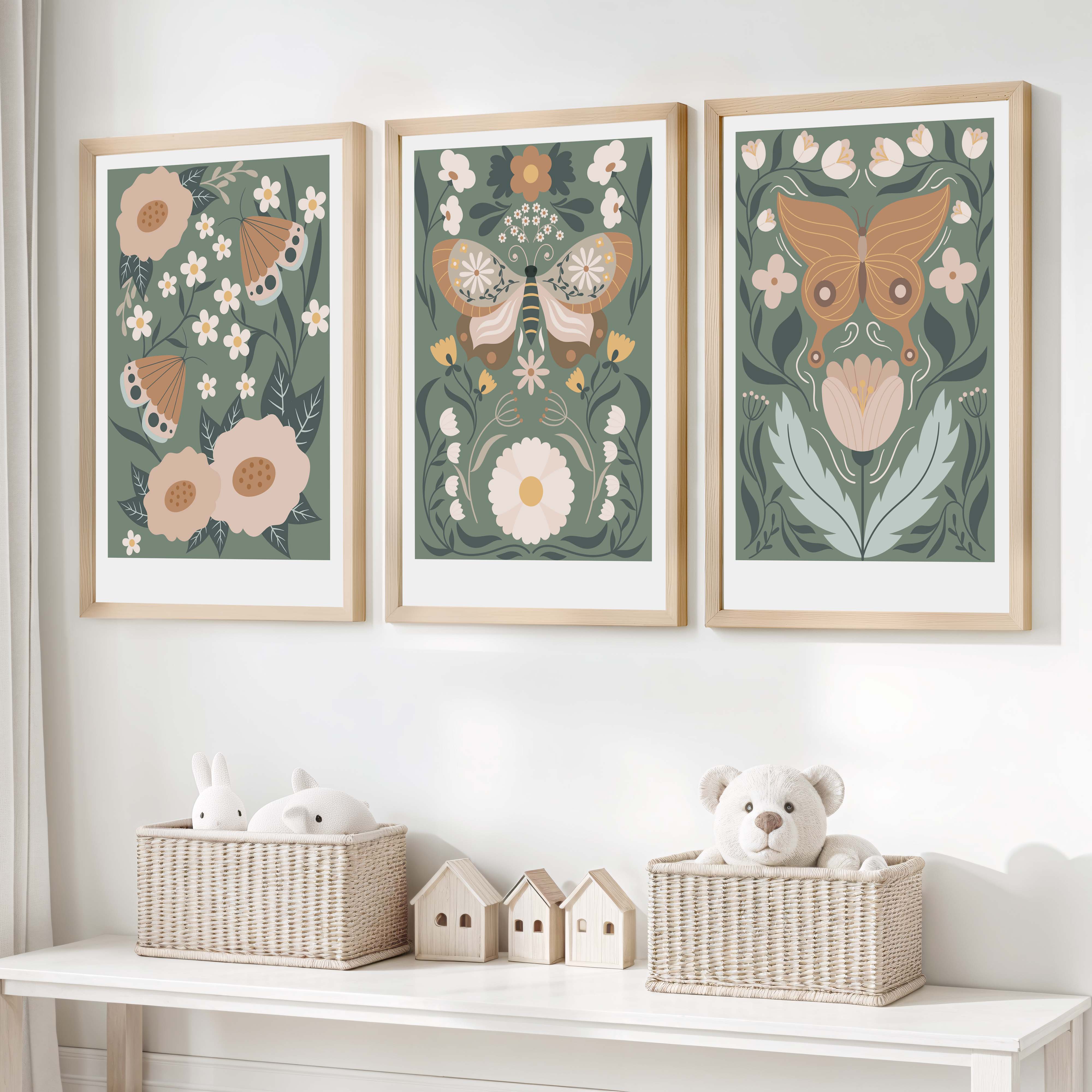 Butterfly Wall Art for Nursery – Floral Nature Print Set (3 Pieces) - Natural Wood Framed Poster No Border - Artworksets