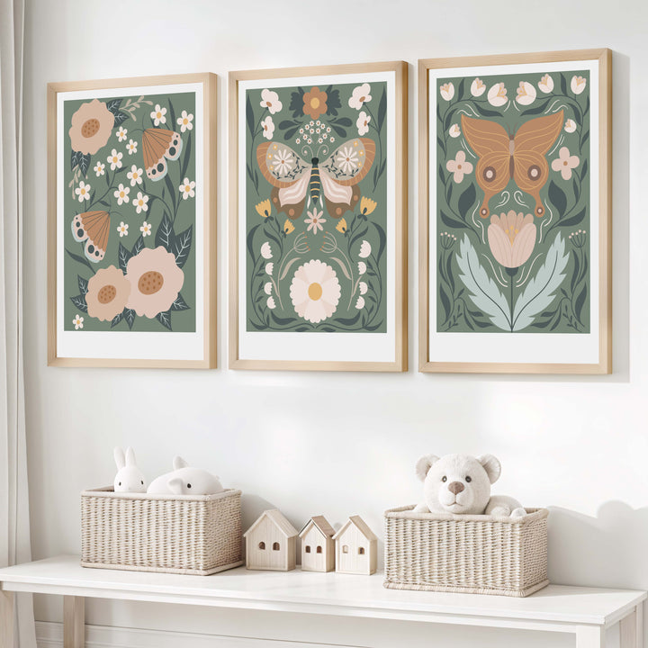 Butterfly Wall Art for Nursery – Floral Nature Print Set (3 Pieces) - Natural Wood Framed Poster No Border - Artworksets