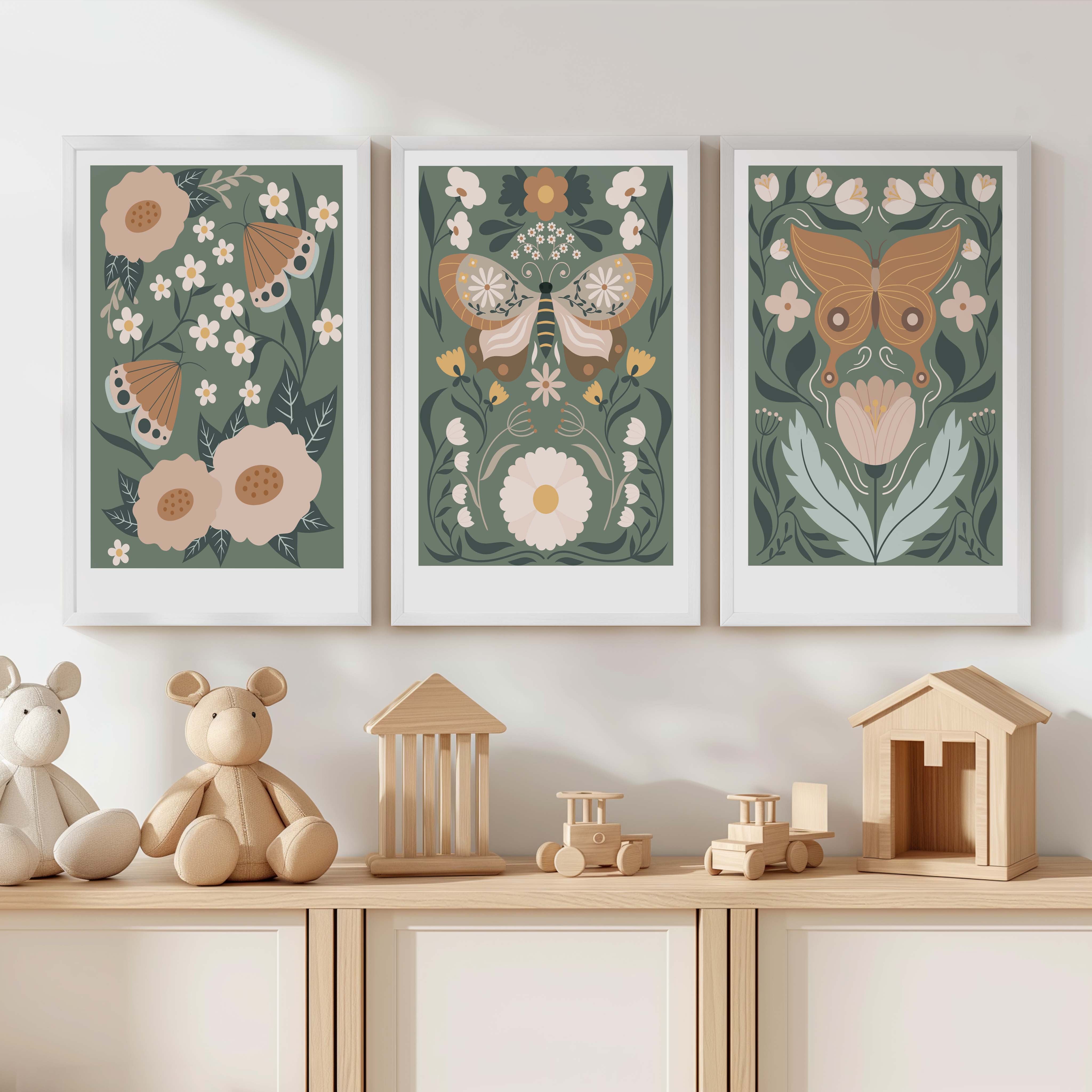 Butterfly Wall Art for Nursery – Floral Nature Print Set (3 Pieces) - White Framed Poster No Border - Artworksets