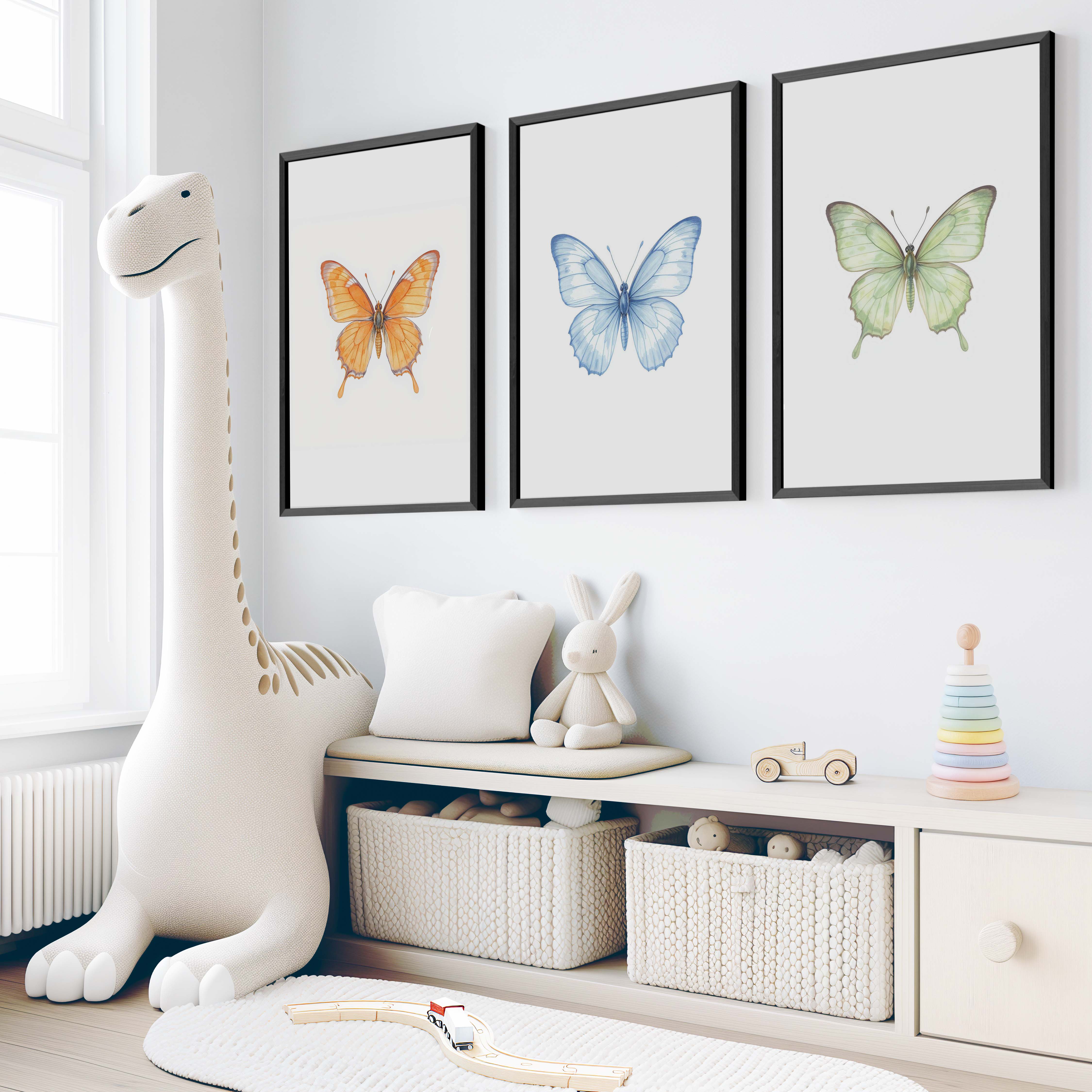 Butterfly Wall Art Nursery – Orange, Blue & Green Set (3 Prints) - Black Framed Poster No Border - Artworksets
