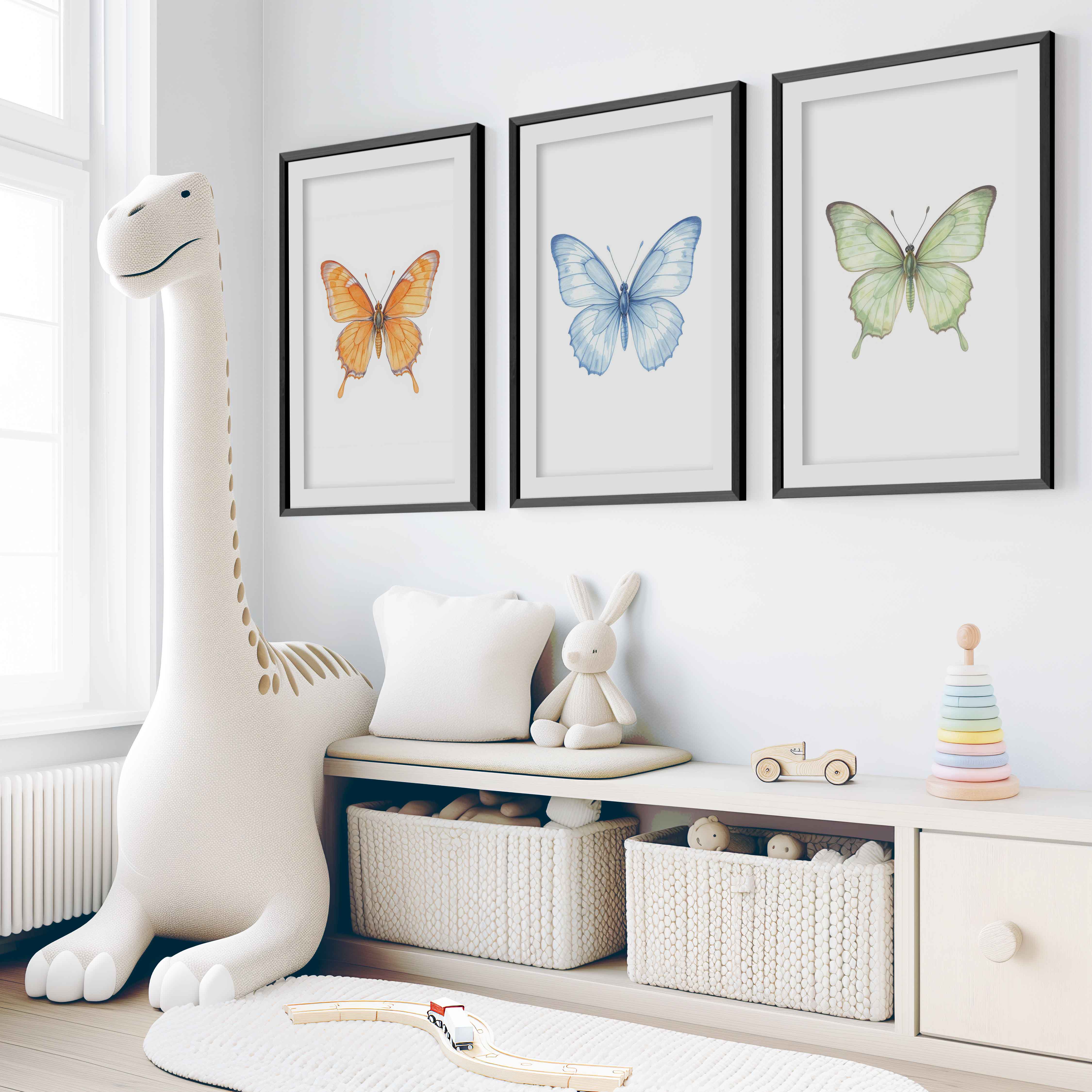 Butterfly Wall Art Nursery – Orange, Blue & Green Set (3 Prints) - Black Framed Poster with White Border - Artworksets