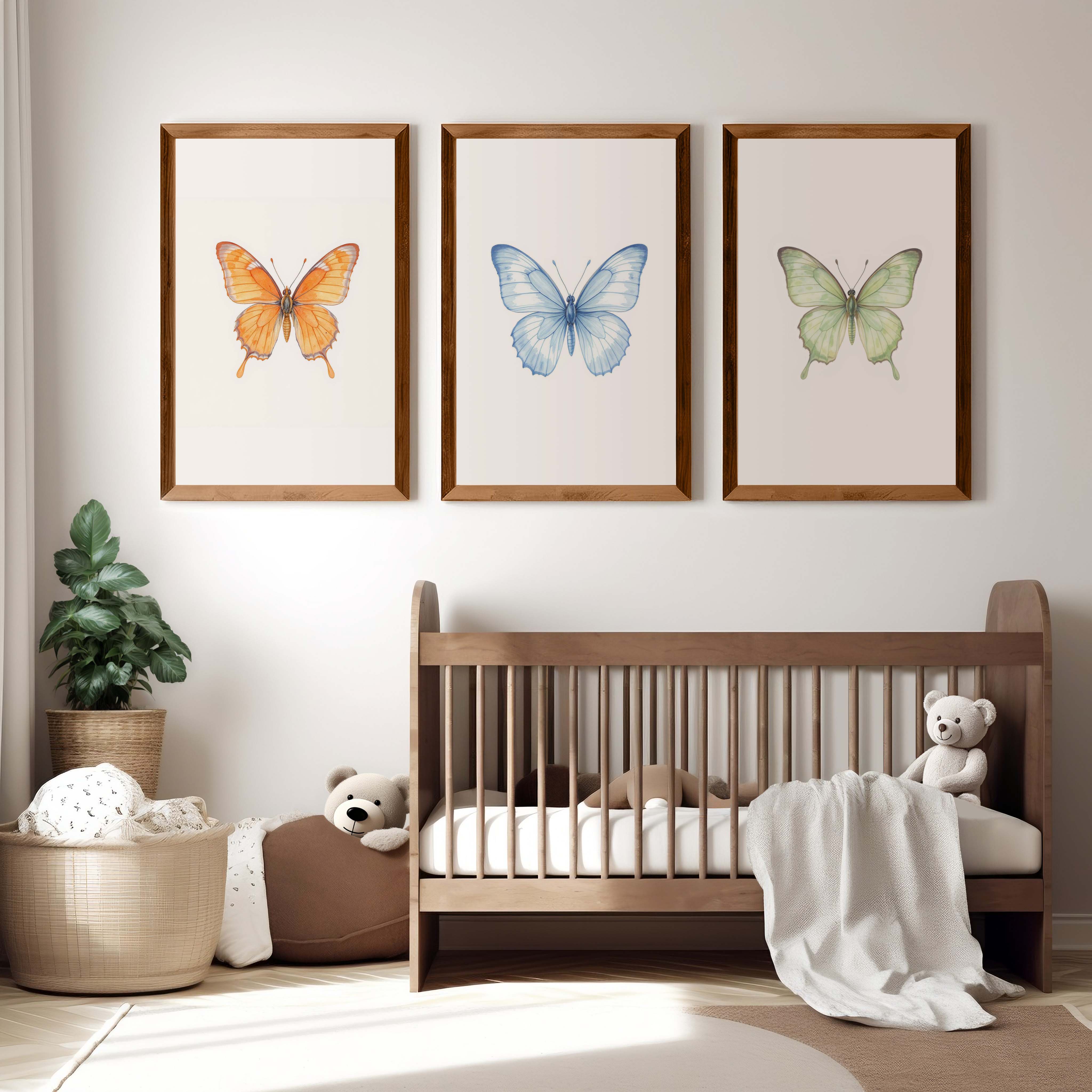 Butterfly Wall Art Nursery – Orange, Blue & Green Set (3 Prints) - Dark Brown Framed Poster No Border - Artworksets